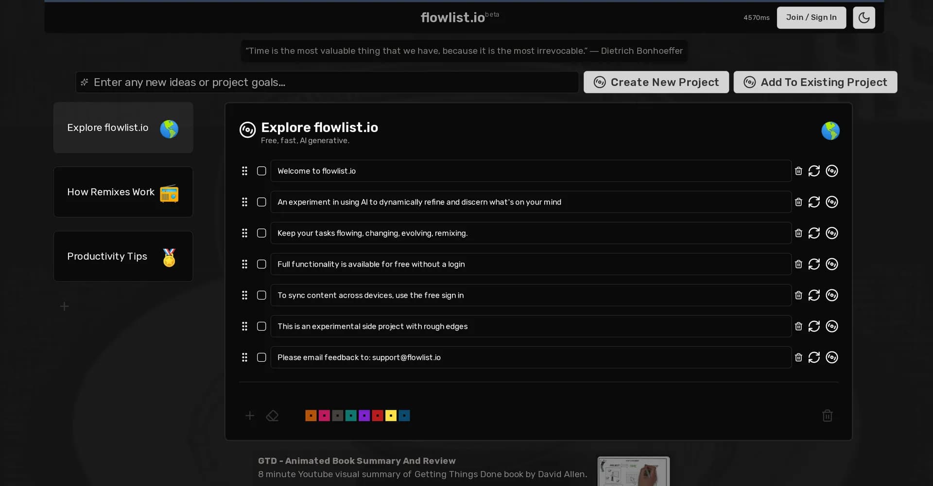 Flowlist homepage screenshot — AI-powered productivity app for dynamic task management