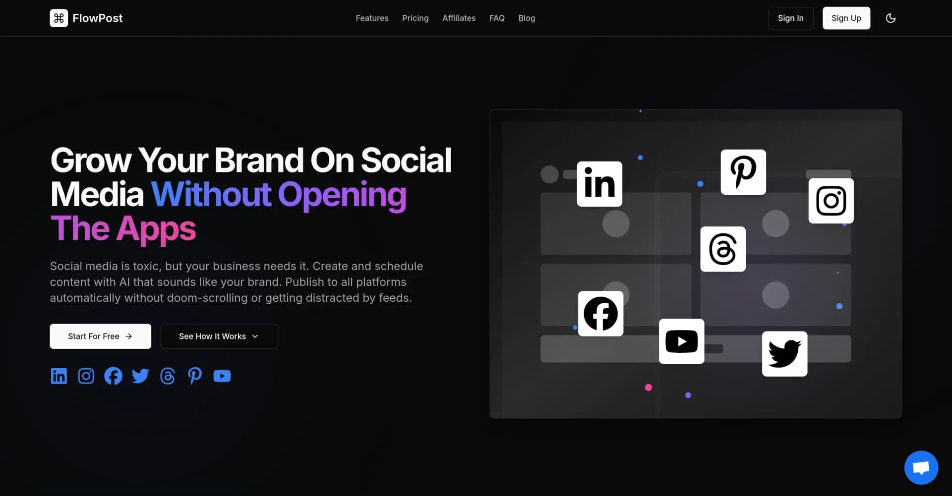 FlowPostv2.0.0 homepage screenshot — Grow your brand on social media without opening the apps