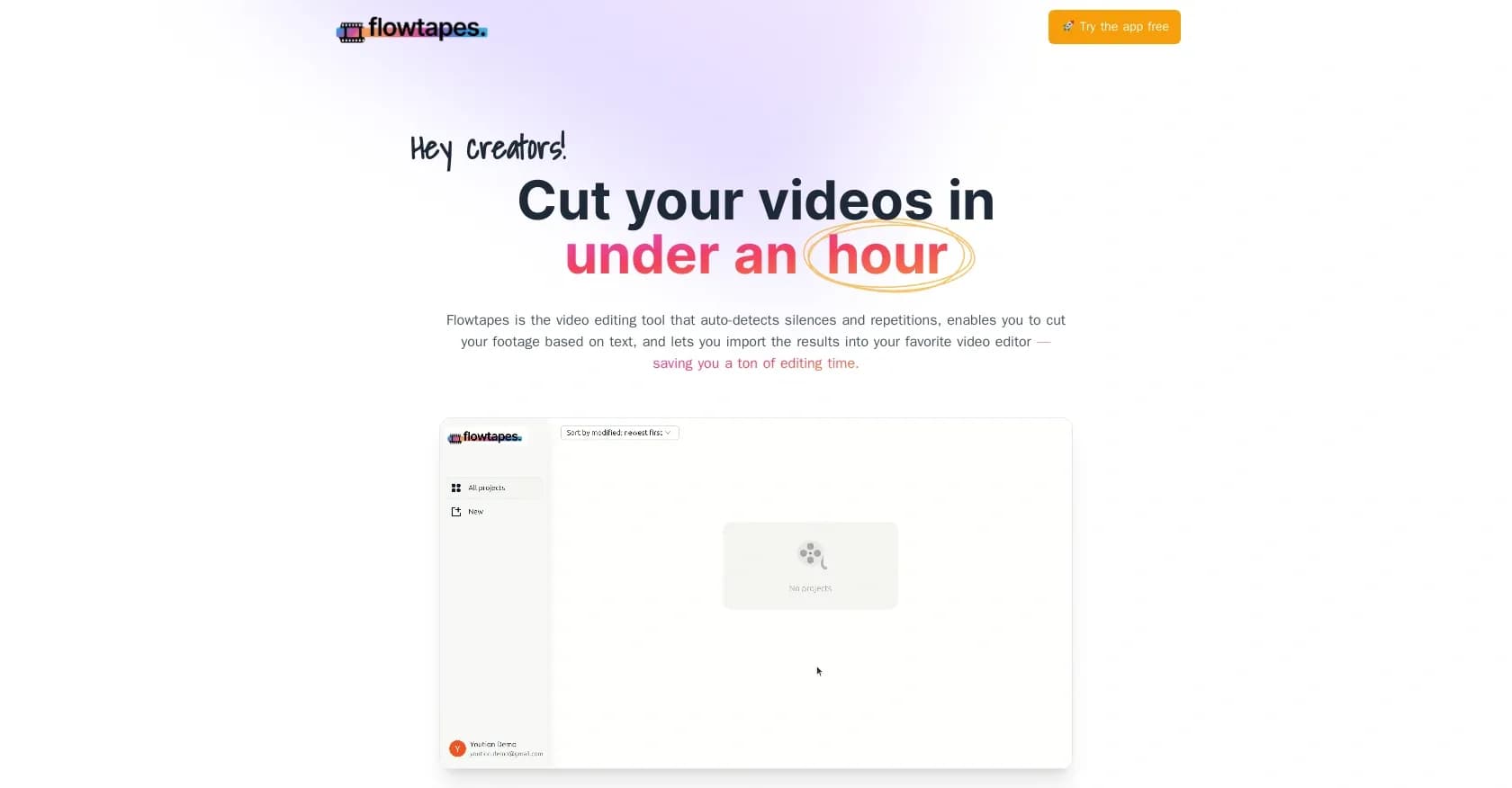 Flowtapes homepage screenshot — Edit videos like text documents.