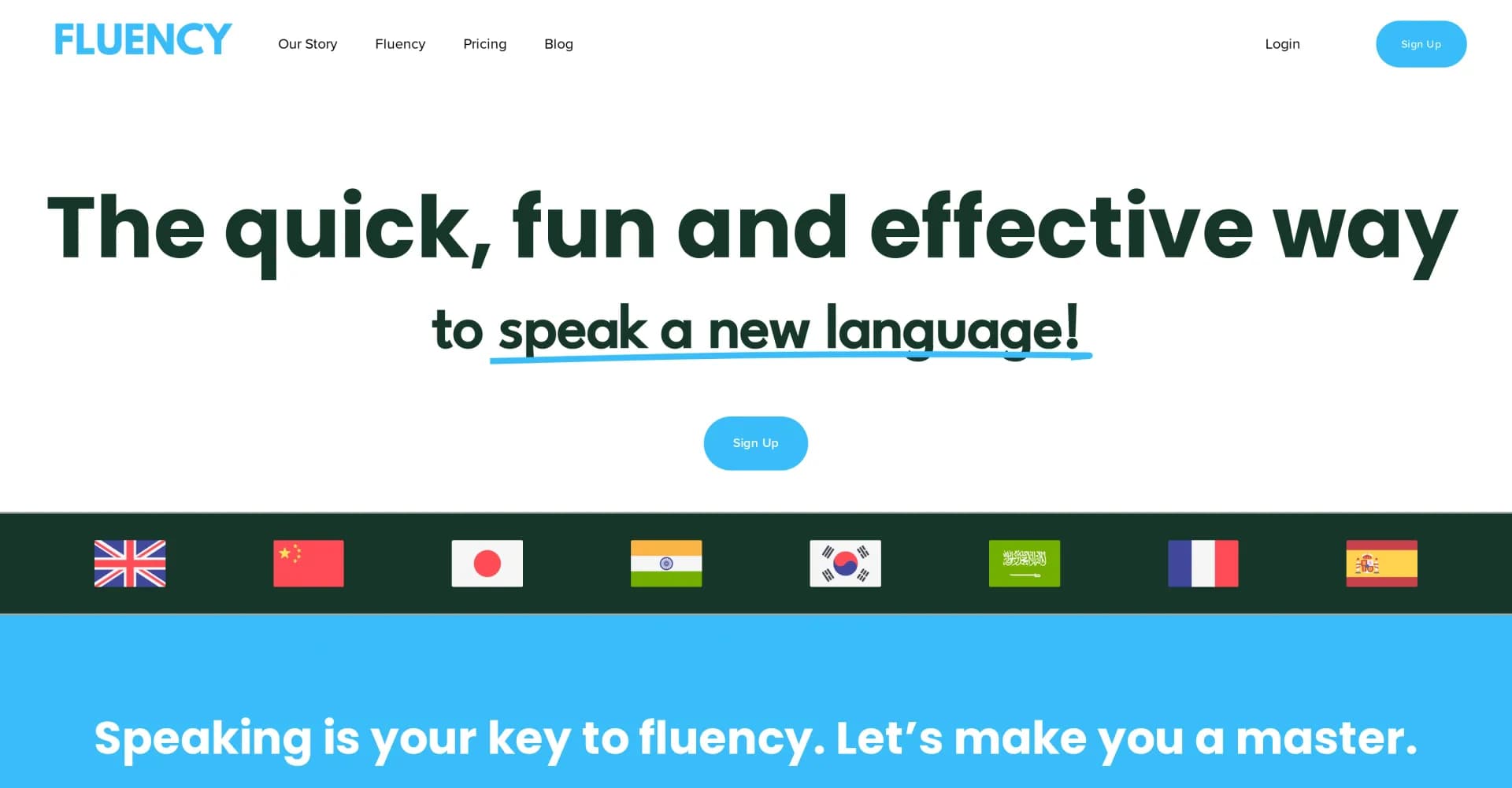 Fluency homepage screenshot — Master languages through AI conversations
