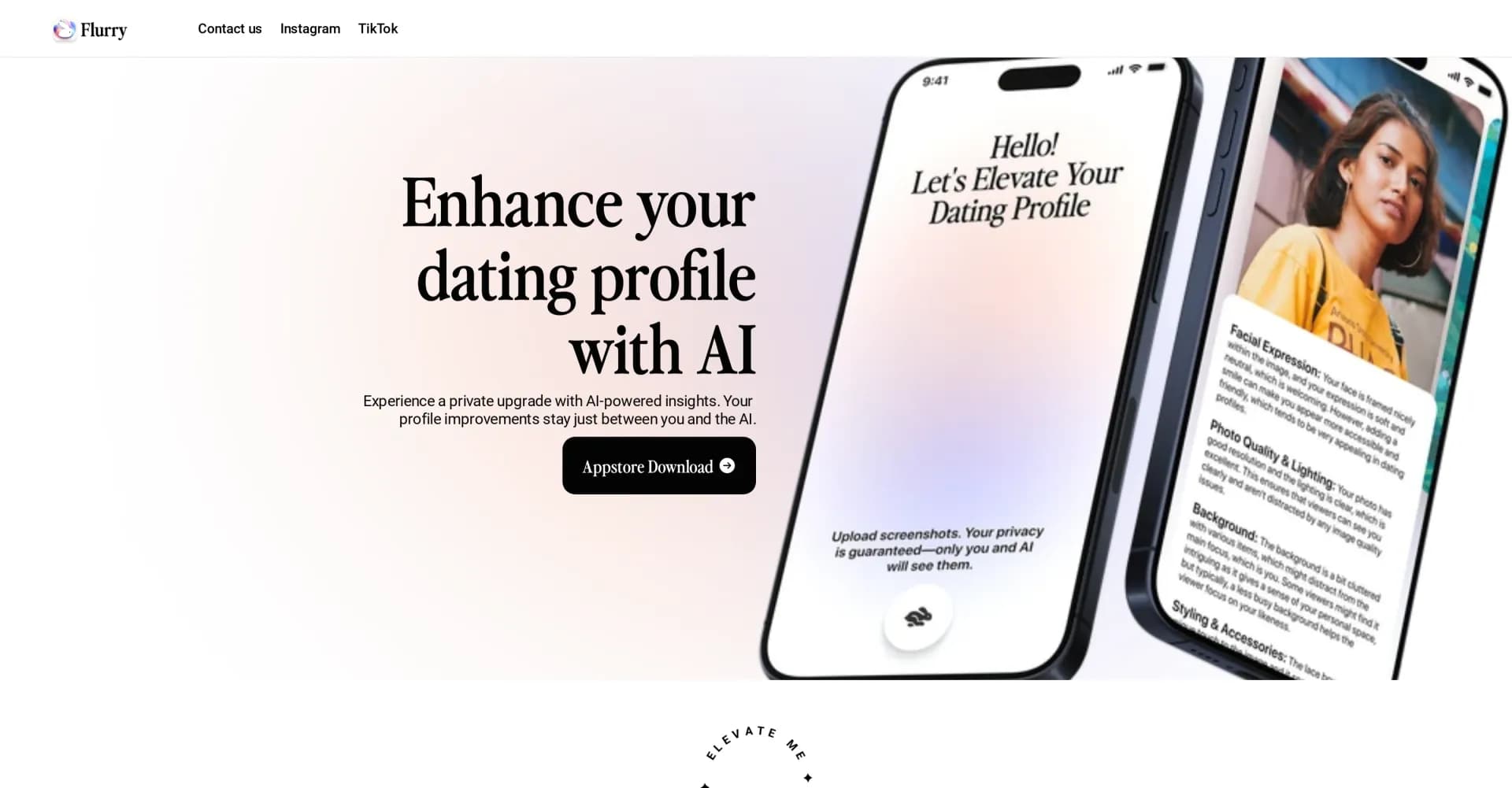 Flurry App homepage screenshot — AI-powered dating profile optimization