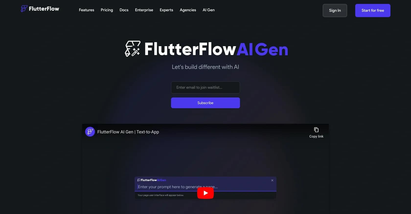 FlutterFlow AI Gen homepage screenshot — Generate stunning app designs with code in one click.