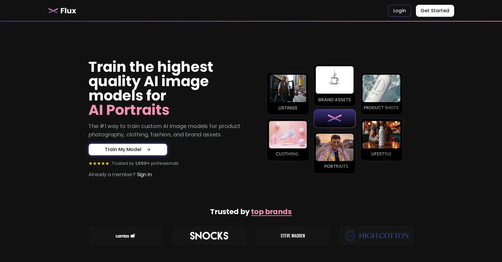 Flux AI | The Premier AI Creative Studio homepage screenshot — Create custom AI image models for stunning visuals.
