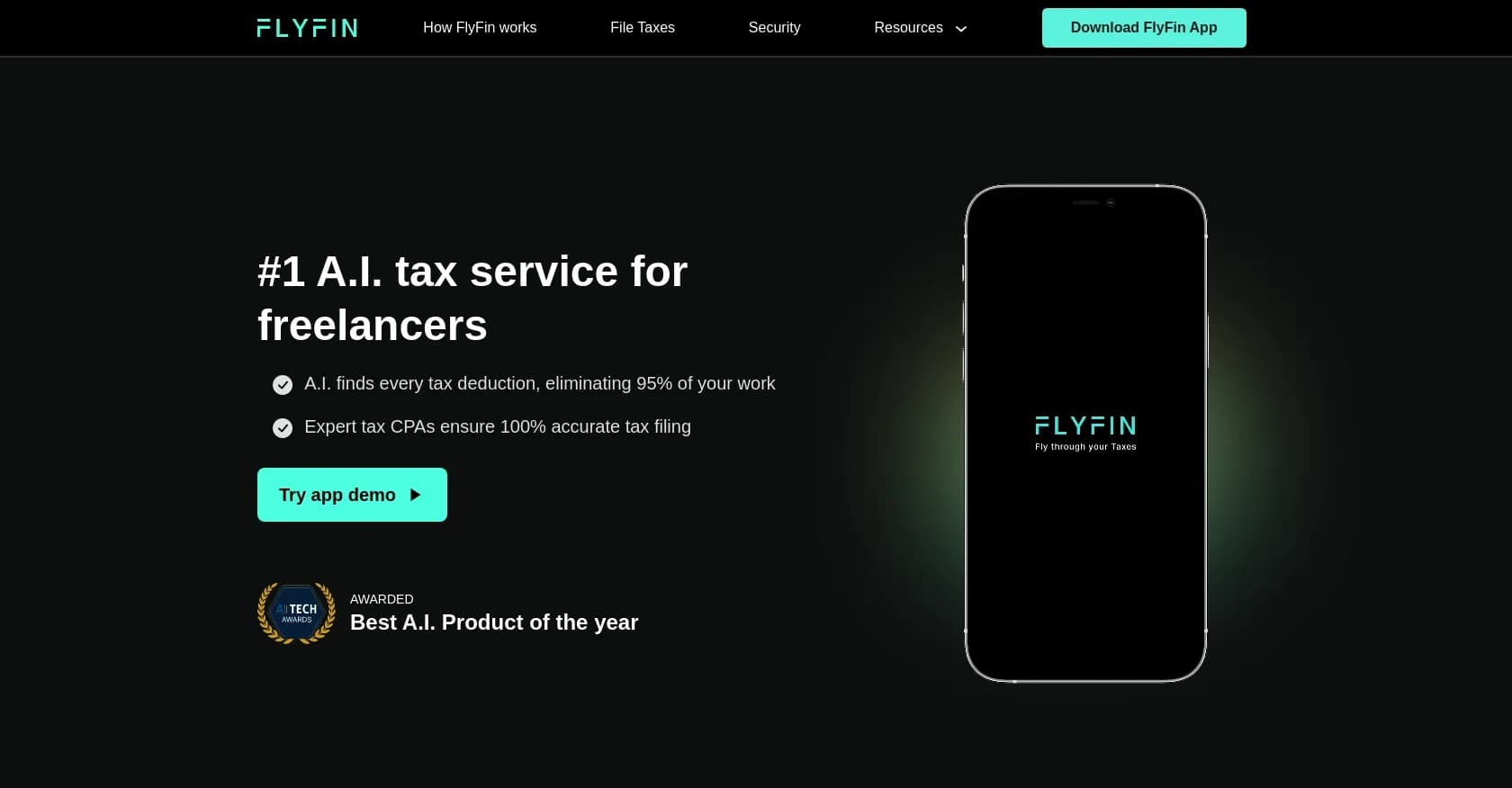 Flyfin tax homepage screenshot — AI-powered tax deductions for freelancers