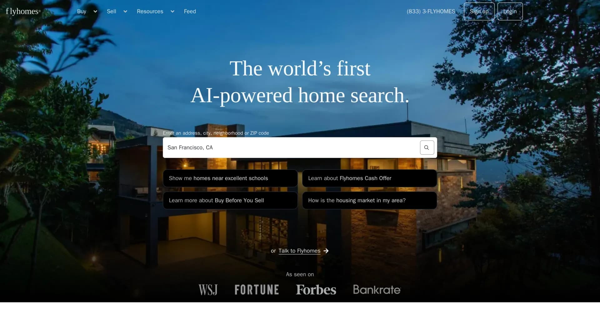 Flyhomes homepage screenshot — AI-powered real estate for effortless home buying and sellin