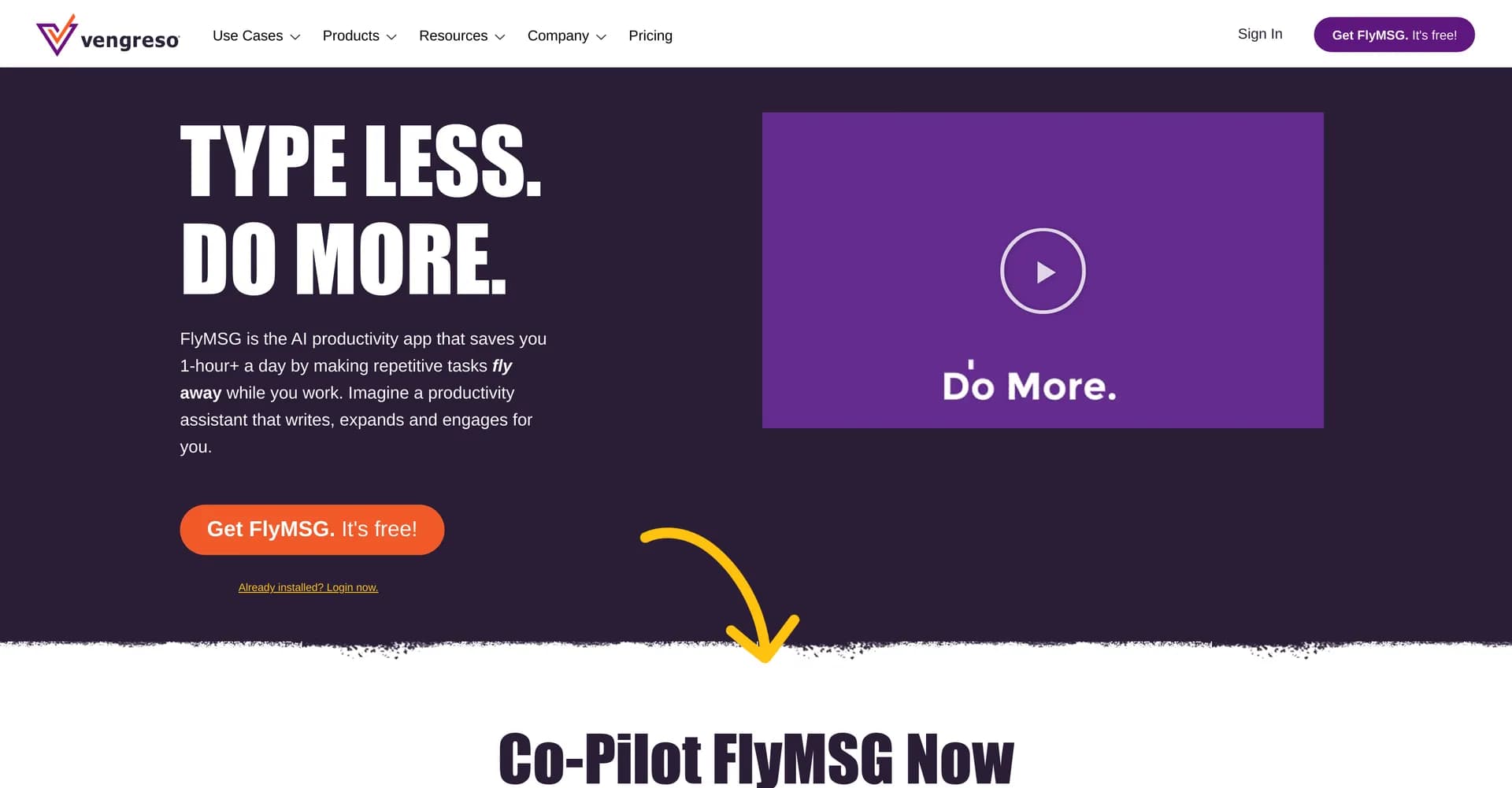 FlyMSG homepage screenshot — Automate repetitive tasks with AI writing everywhere.