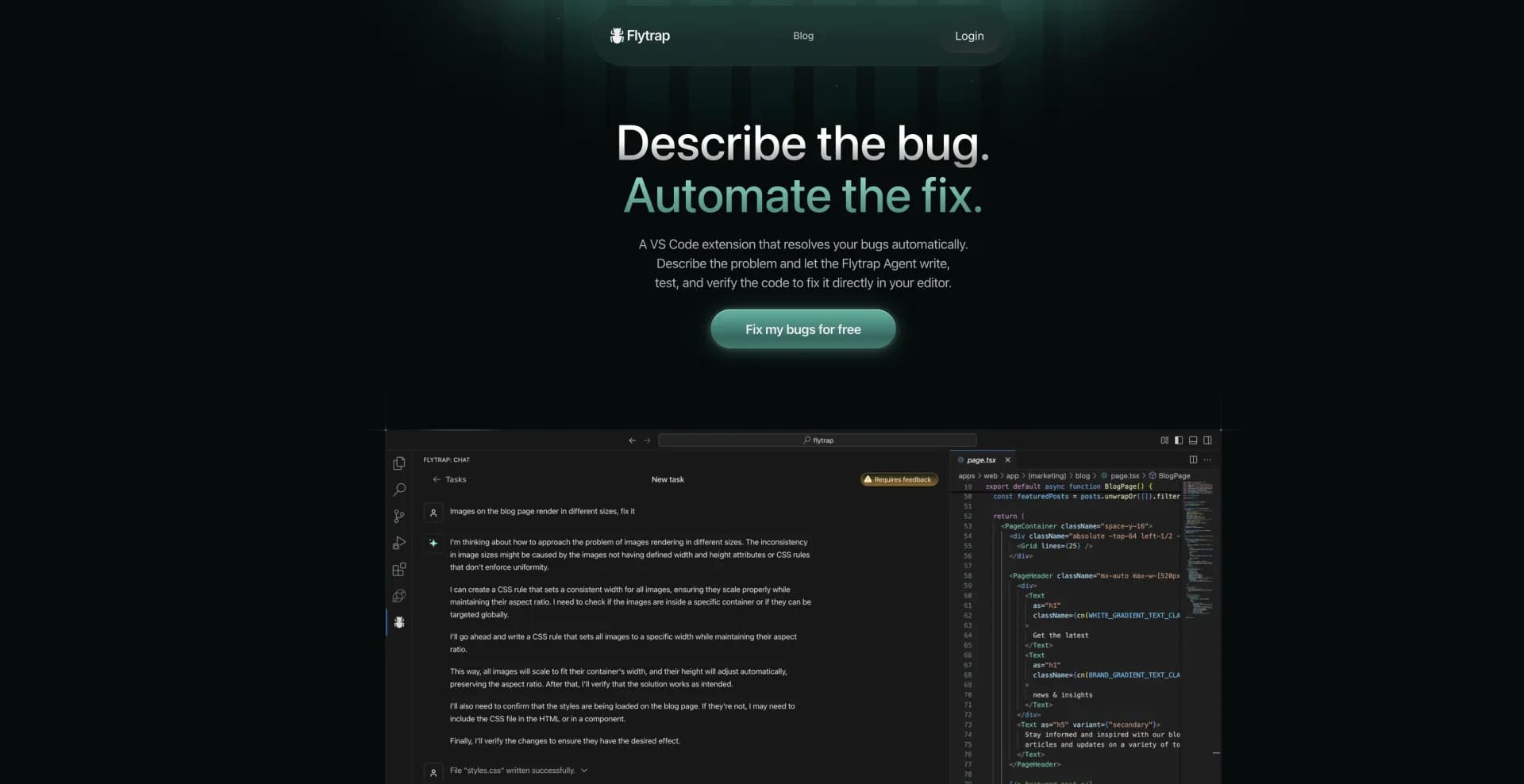 Flytrap AI homepage screenshot — Automate bug fixes in Node.js projects with AI.
