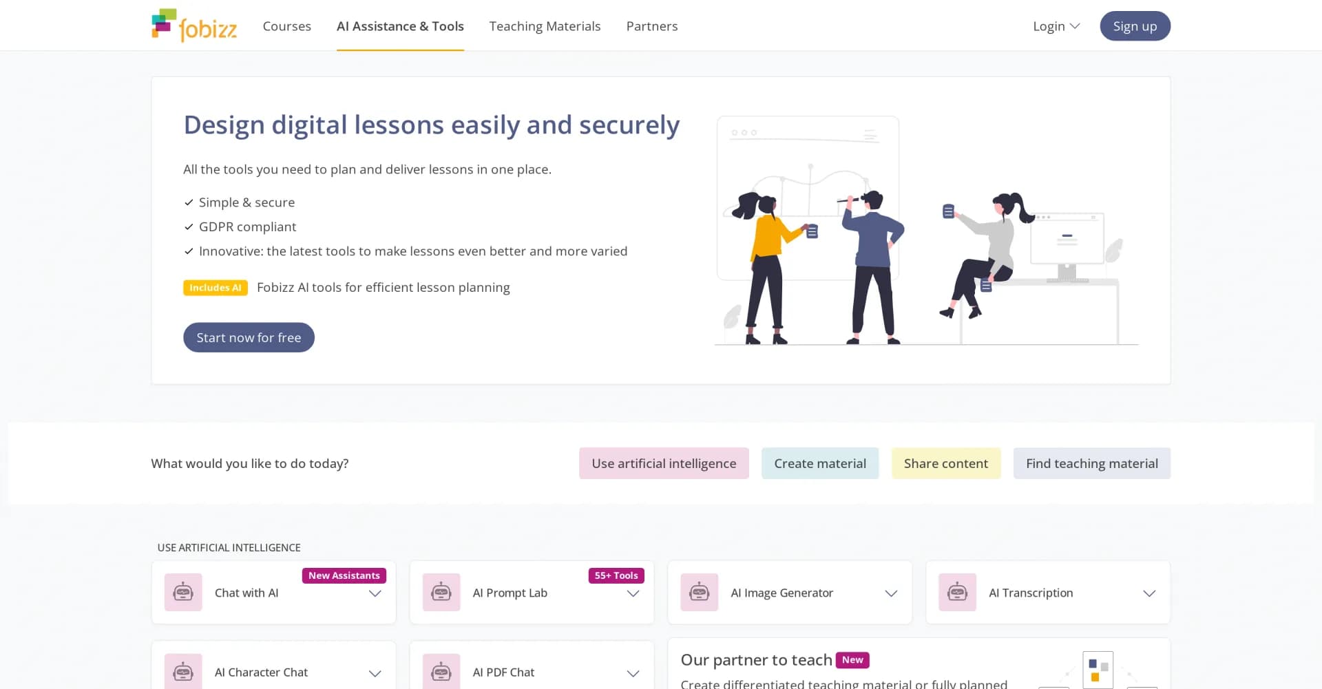 Fobizz homepage screenshot — AI-powered digital tools for schools, made simple and secure