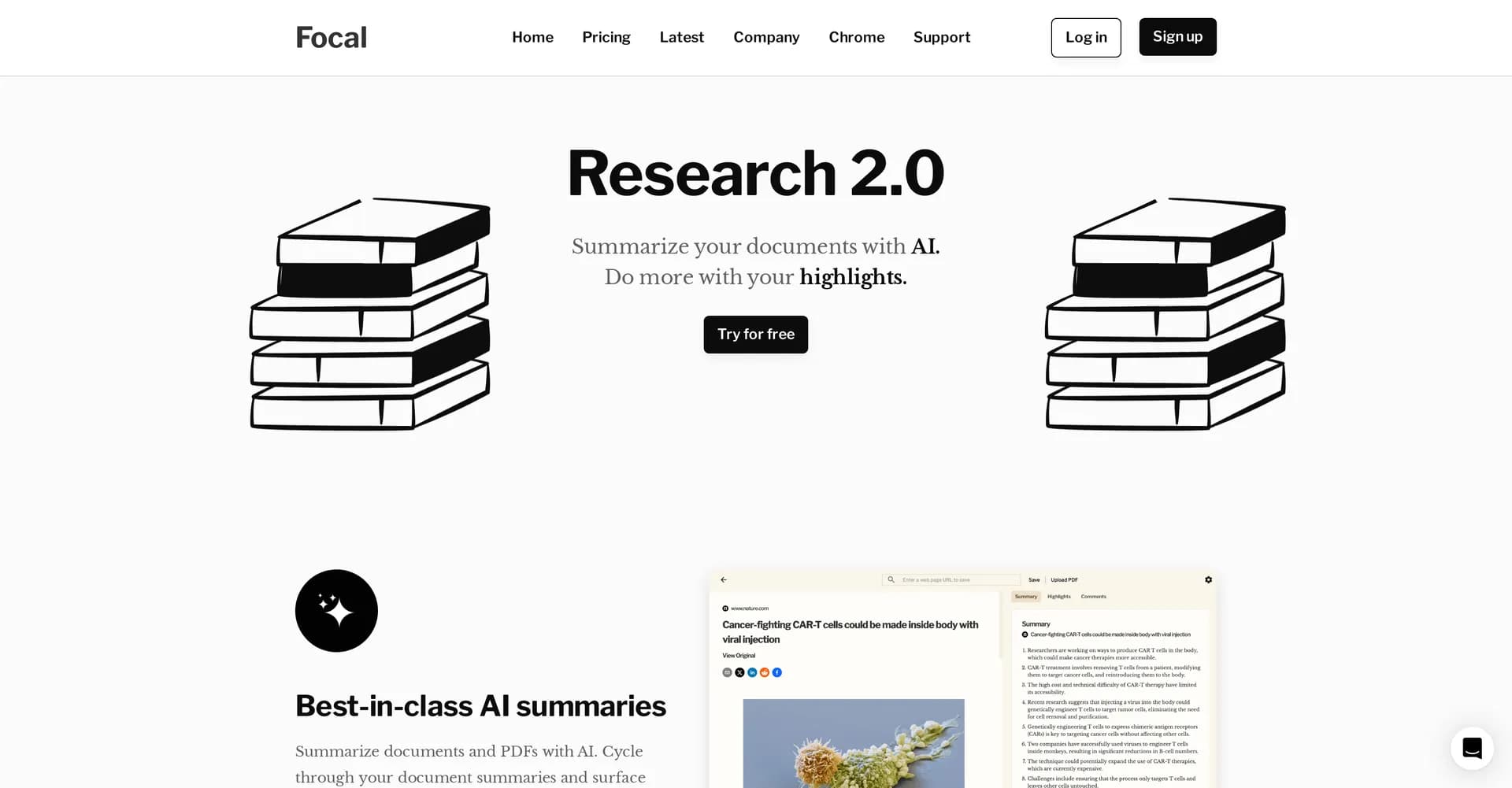 Focal homepage screenshot — AI-powered summaries for smarter research