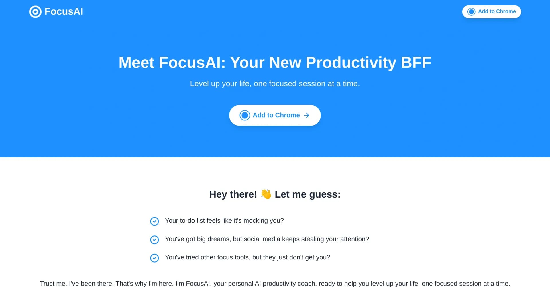 FocusAI homepage screenshot — AI-powered coaching to level up your productivity.