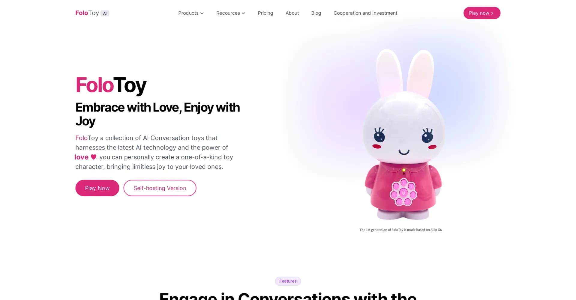 FoloToy homepage screenshot — AI conversational toys powered by love.