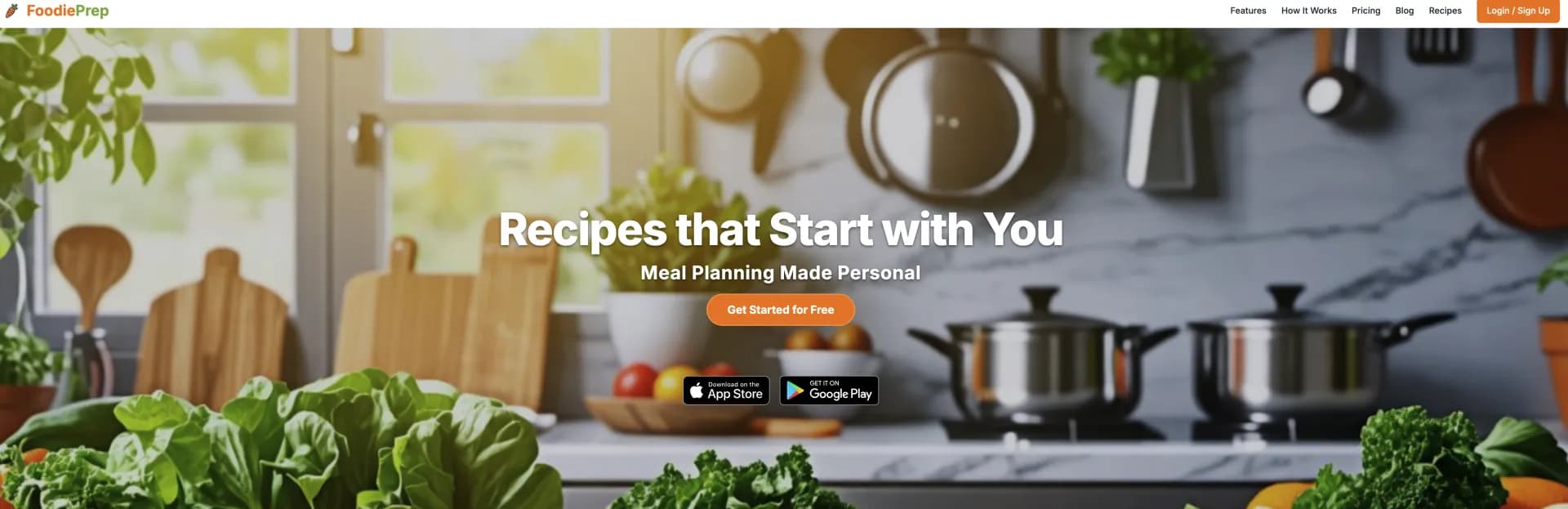 FoodiePrepv1.1.0 homepage screenshot — AI-powered recipes and meal planning