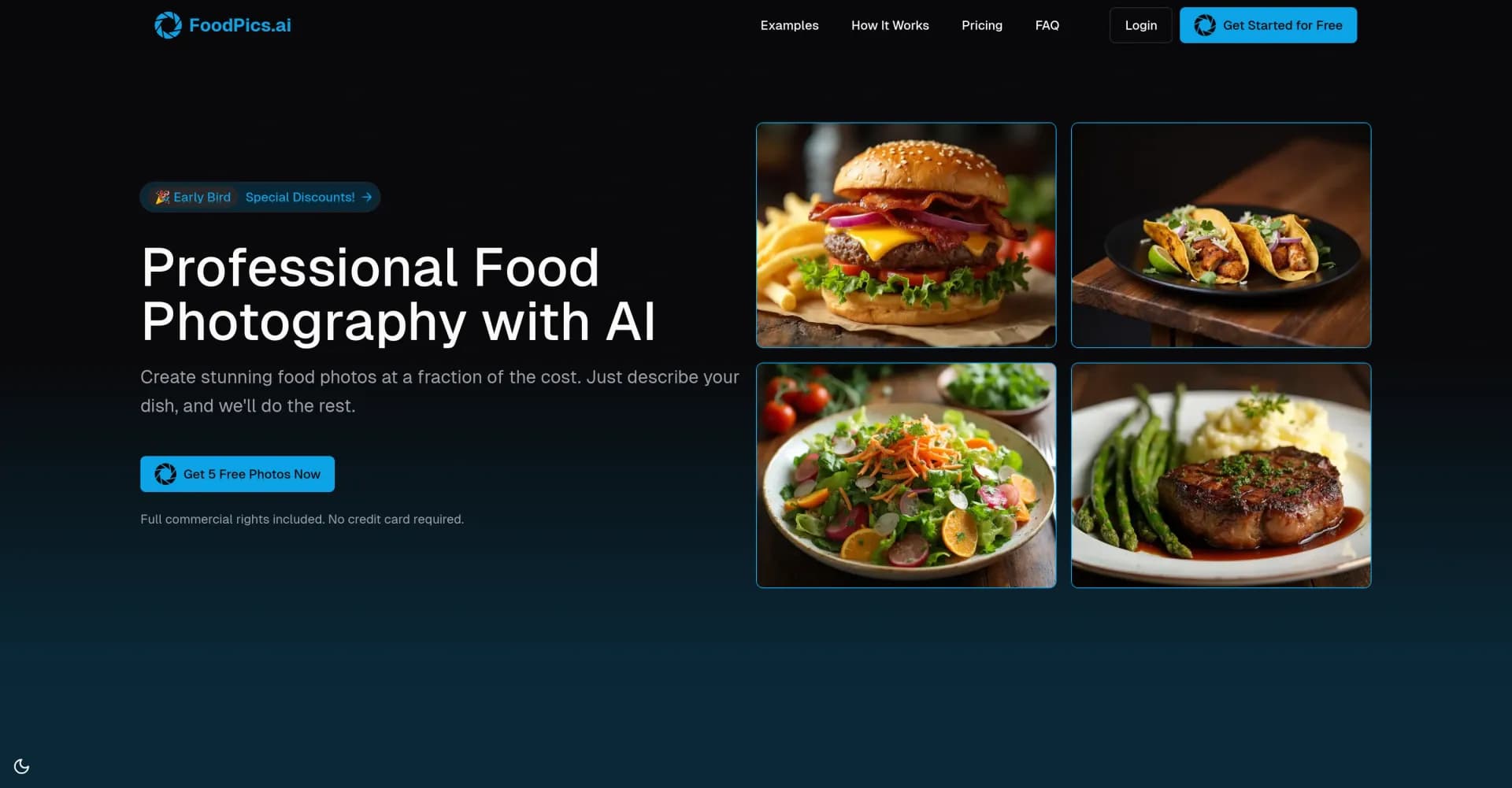 FoodPics.ai homepage screenshot — AI-powered food photos, a feast for your eyes.