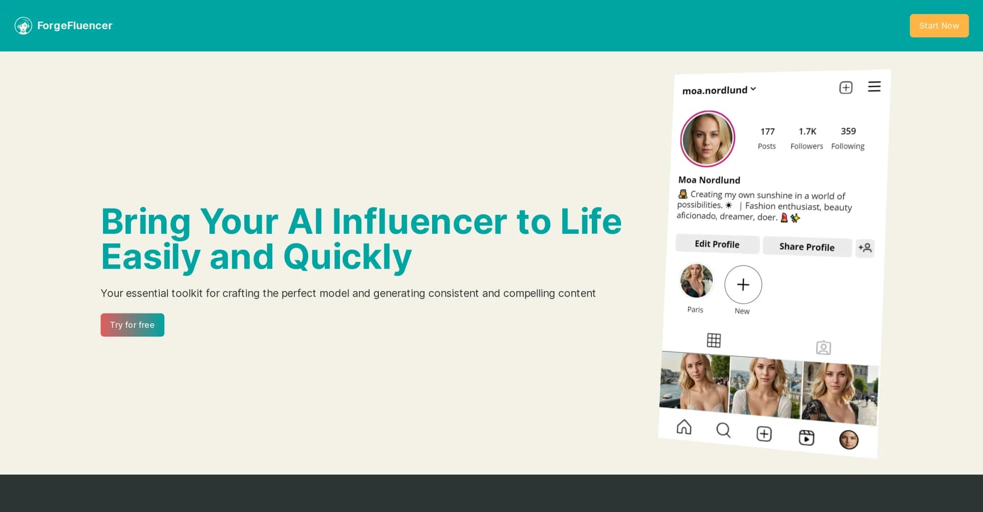 ForgeFluencer homepage screenshot — Bring your AI influencer to life now.