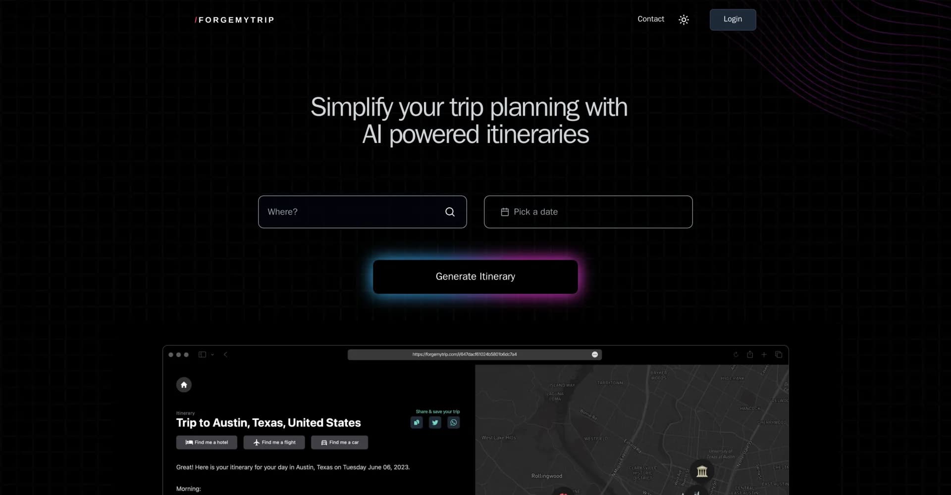 Forgemytrip homepage screenshot — AI-powered itineraries for effortless travel planning.