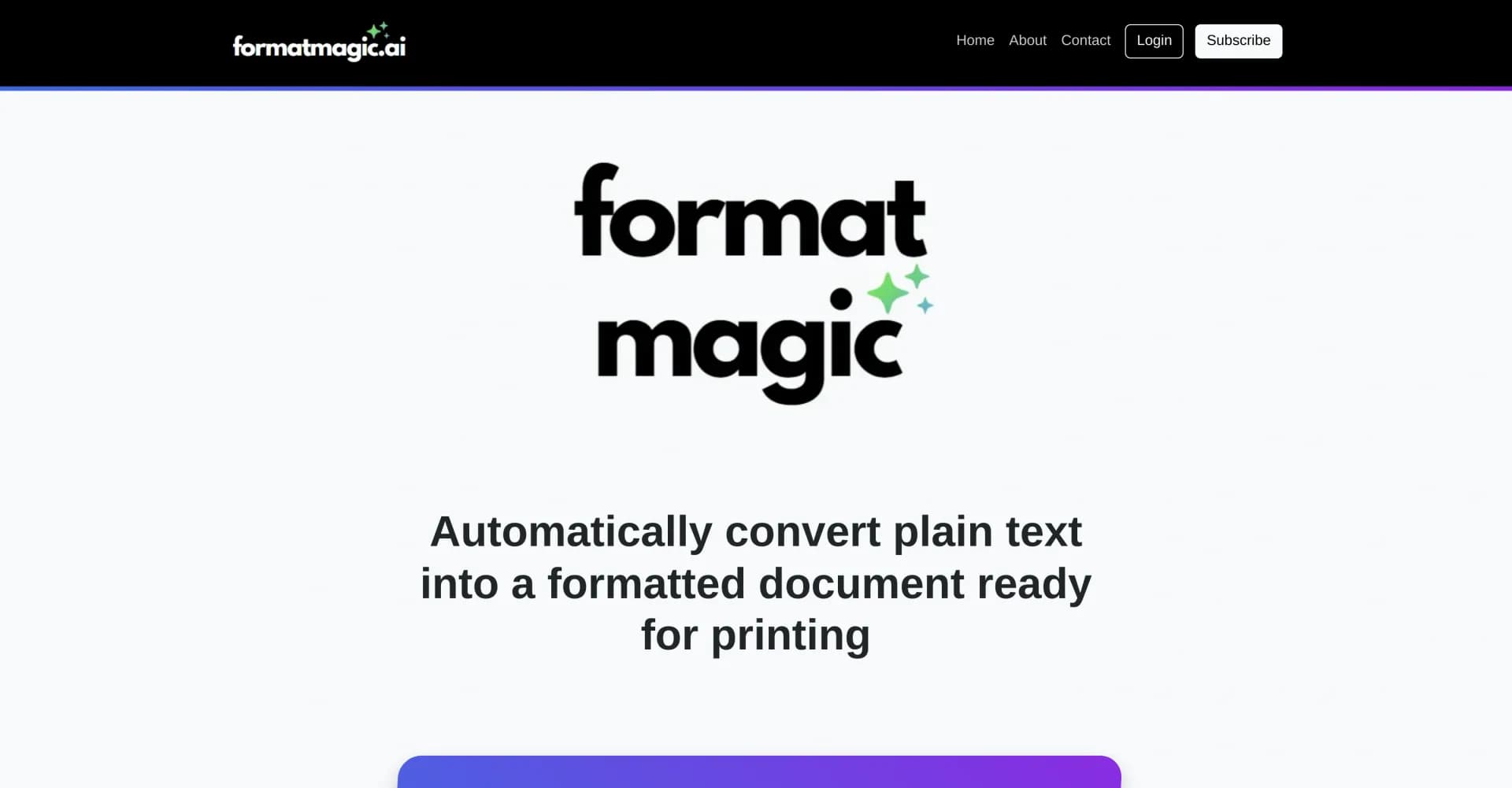 Format Magicv1.0 homepage screenshot — Format plain text into professional documents instantly.