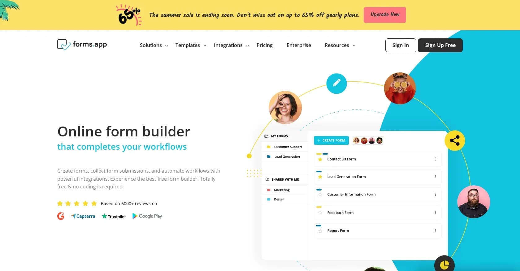 Forms.app homepage screenshot — Create online forms and surveys easily