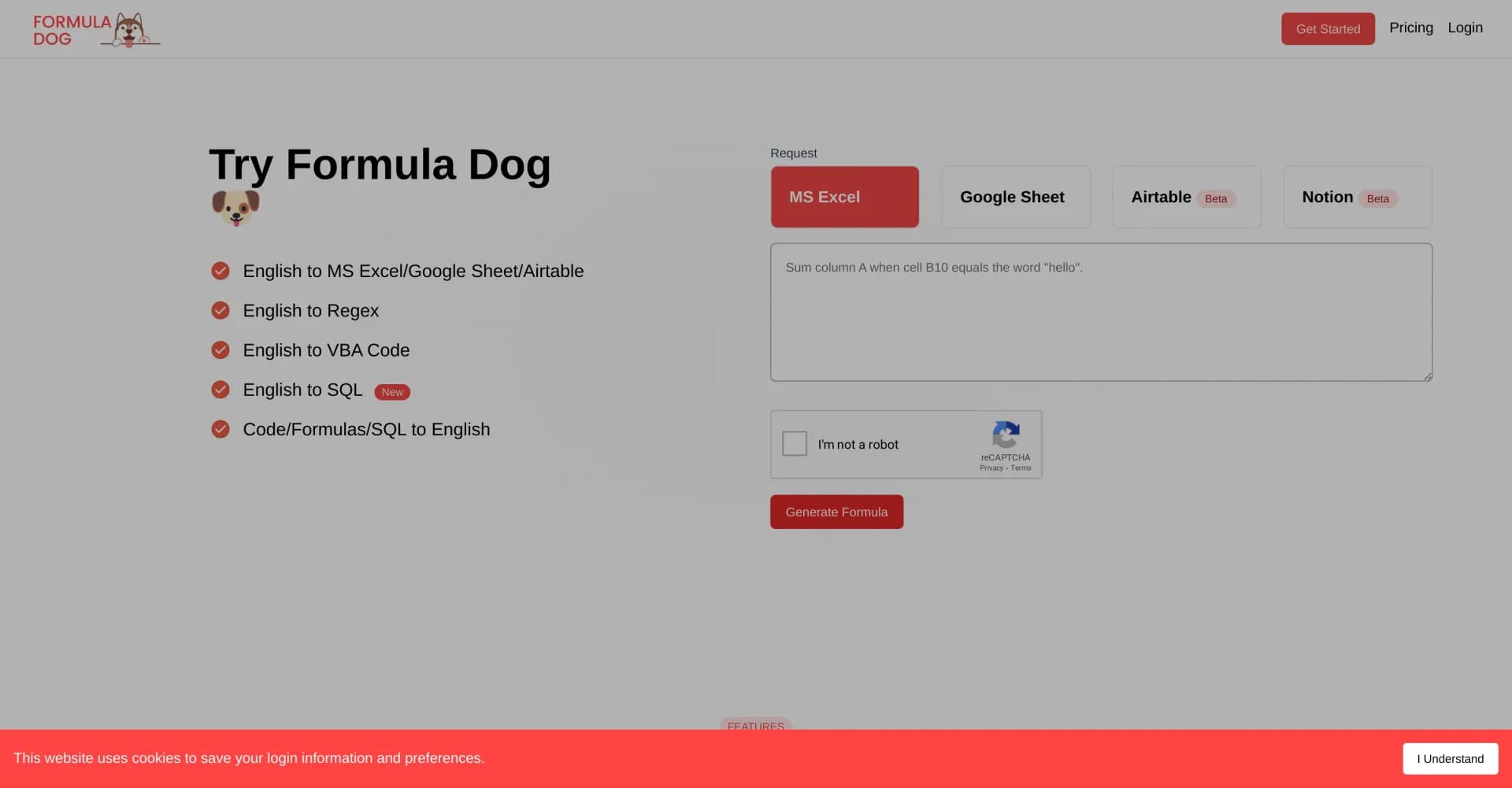 Formula Dog homepage screenshot — Turn text into Excel formulas instantly.