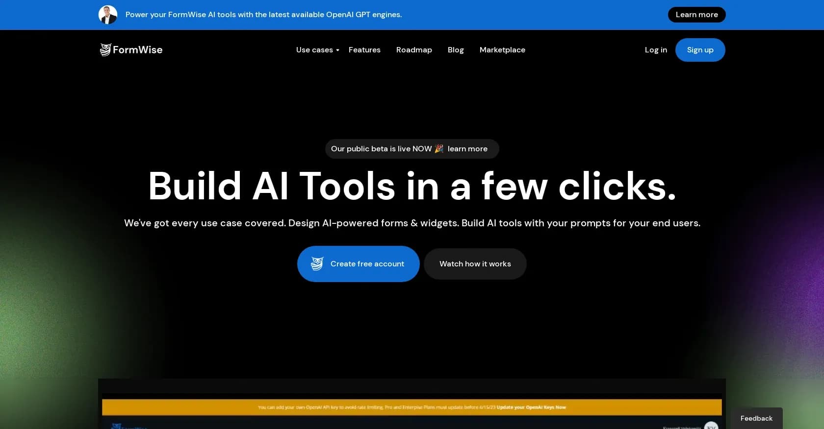 FormWise homepage screenshot — Build AI tools without code in seconds.