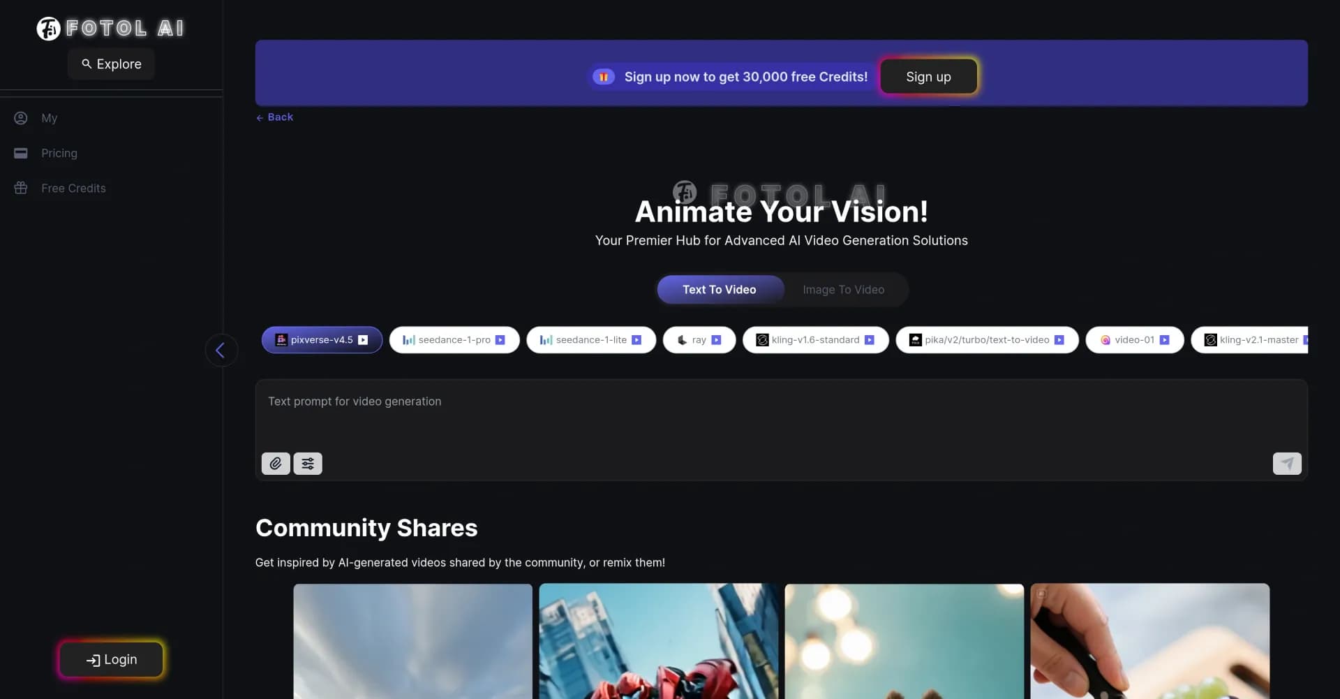 Fotol AI homepage screenshot — Animate your vision with AI video generation.