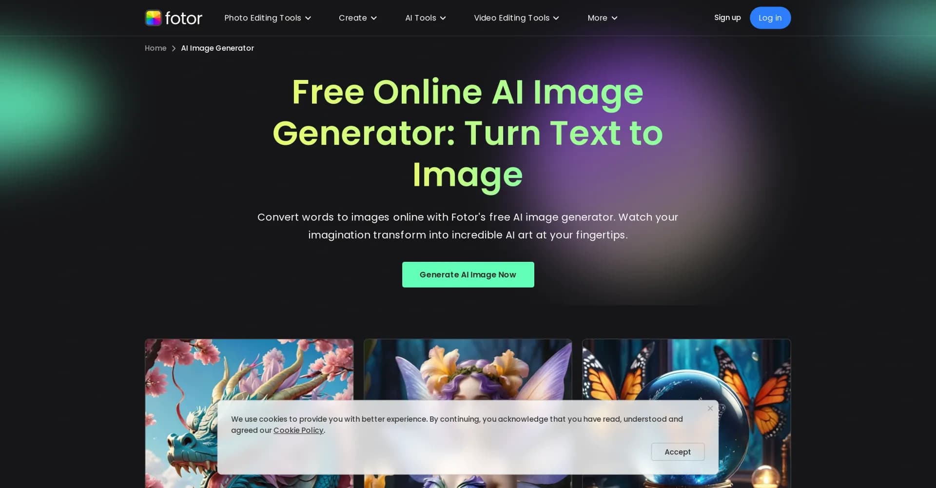 Fotor homepage screenshot — Convert text to AI-generated images instantly