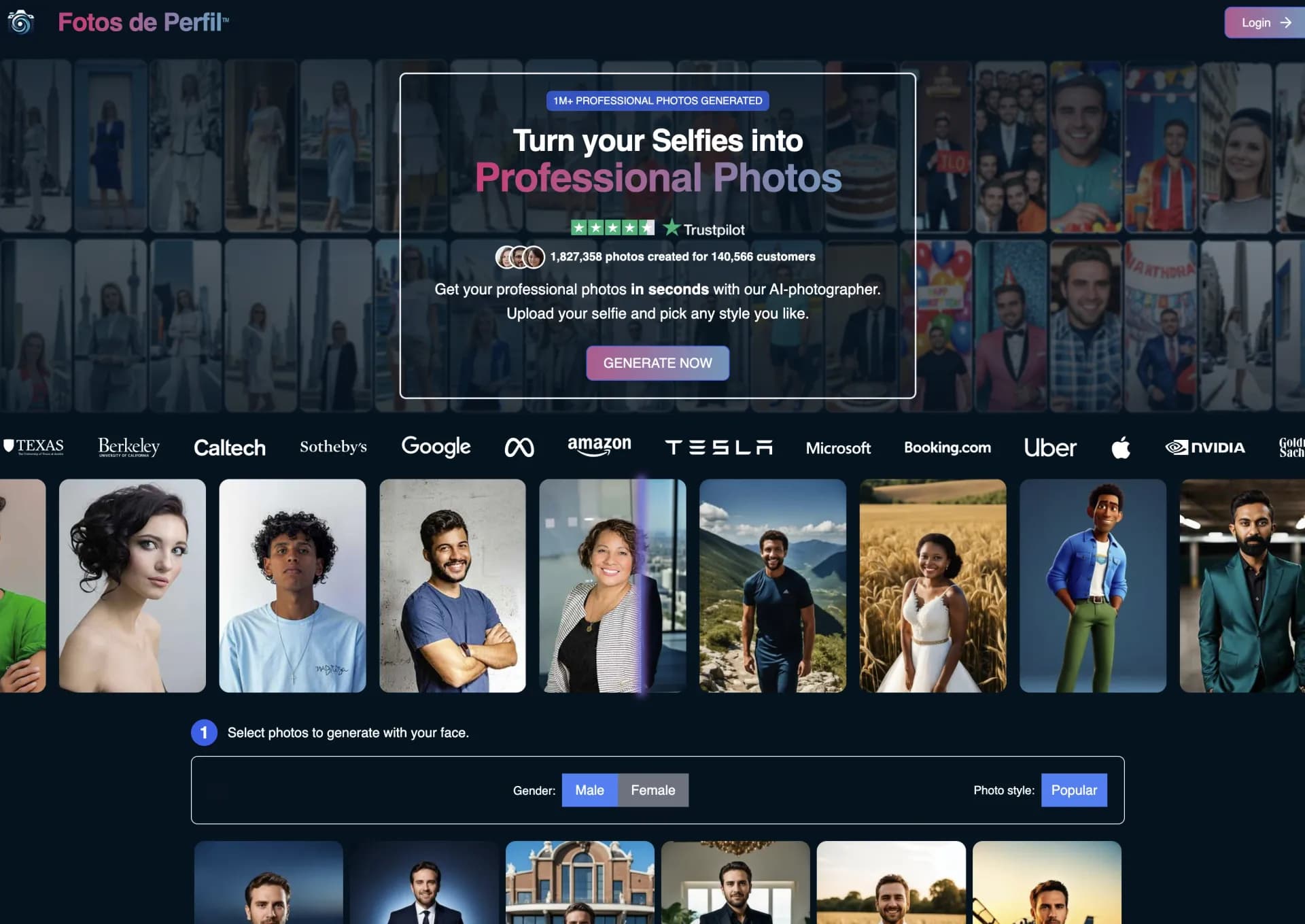 Fotos de Perfil homepage screenshot — Transform selfies into stunning AI masterpieces.