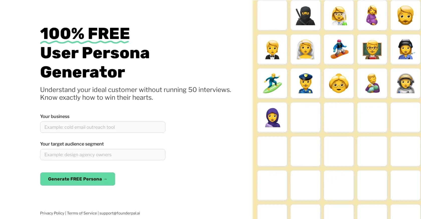 FounderPal Persona Generator homepage screenshot — Create ideal customer personas in seconds with AI.