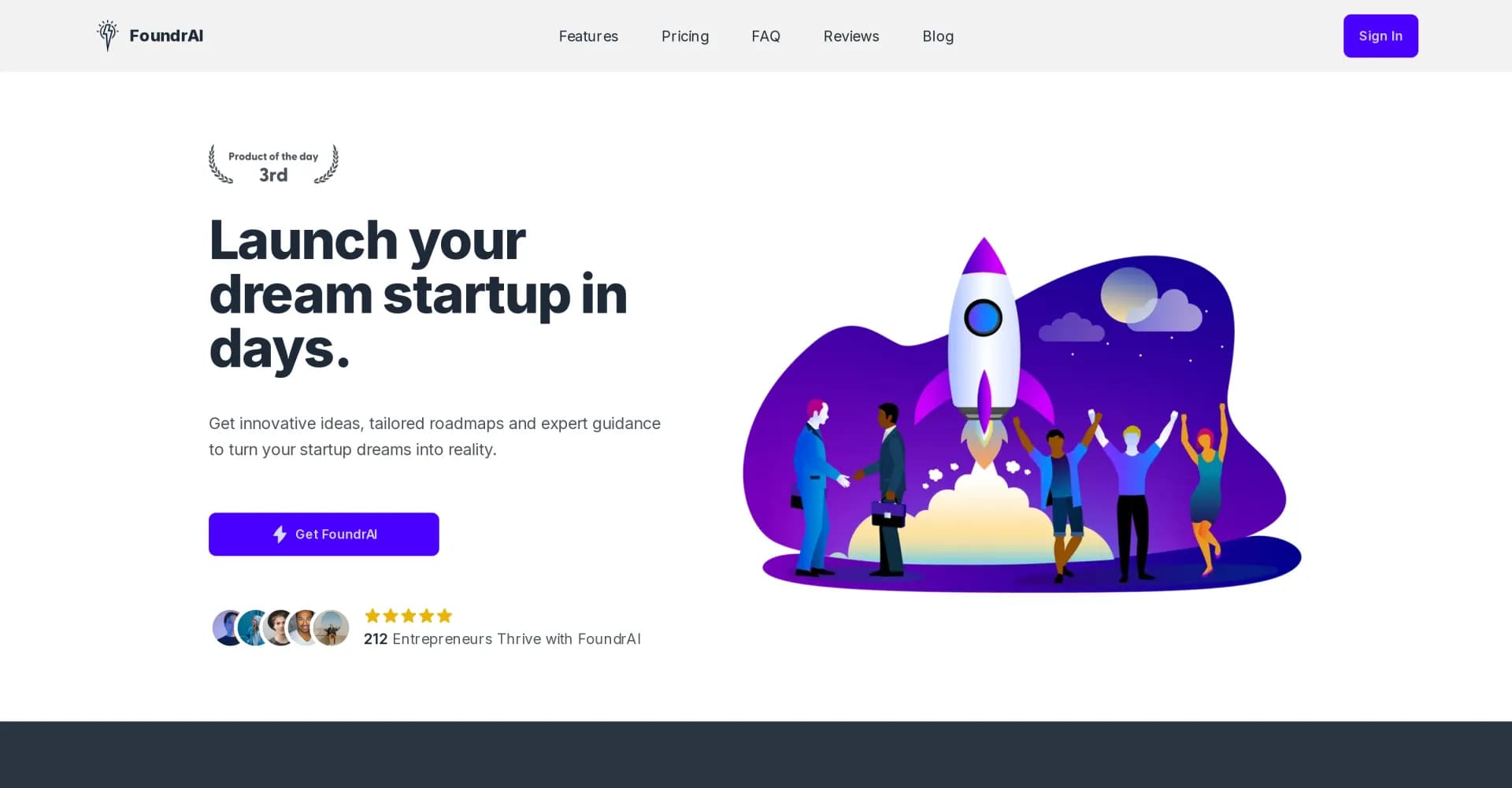 FoundrAI homepage screenshot — Turn startup dreams into reality with AI-driven guidance.