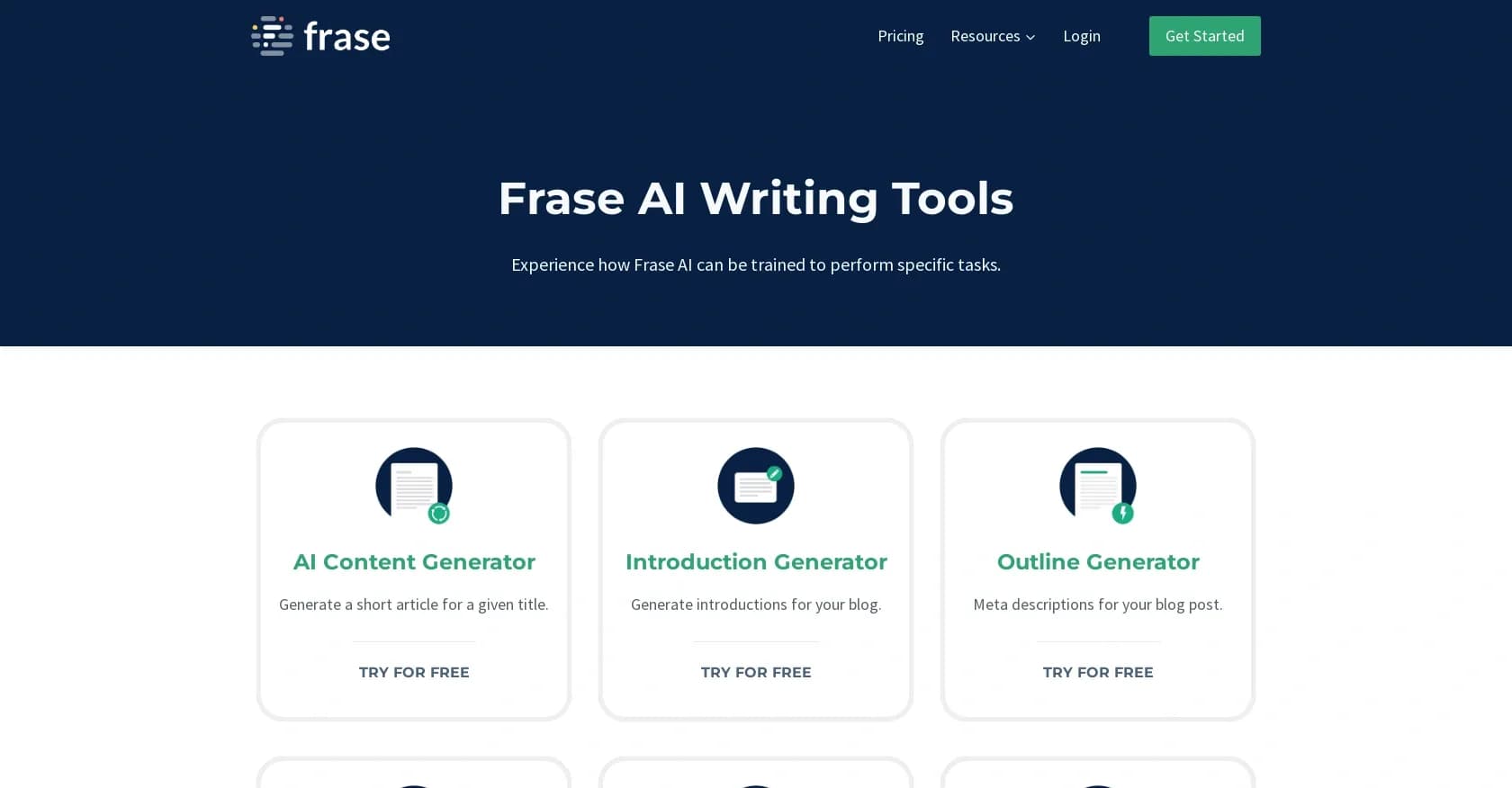 Frase.io homepage screenshot — AI writing tools that supercharge your content creation
