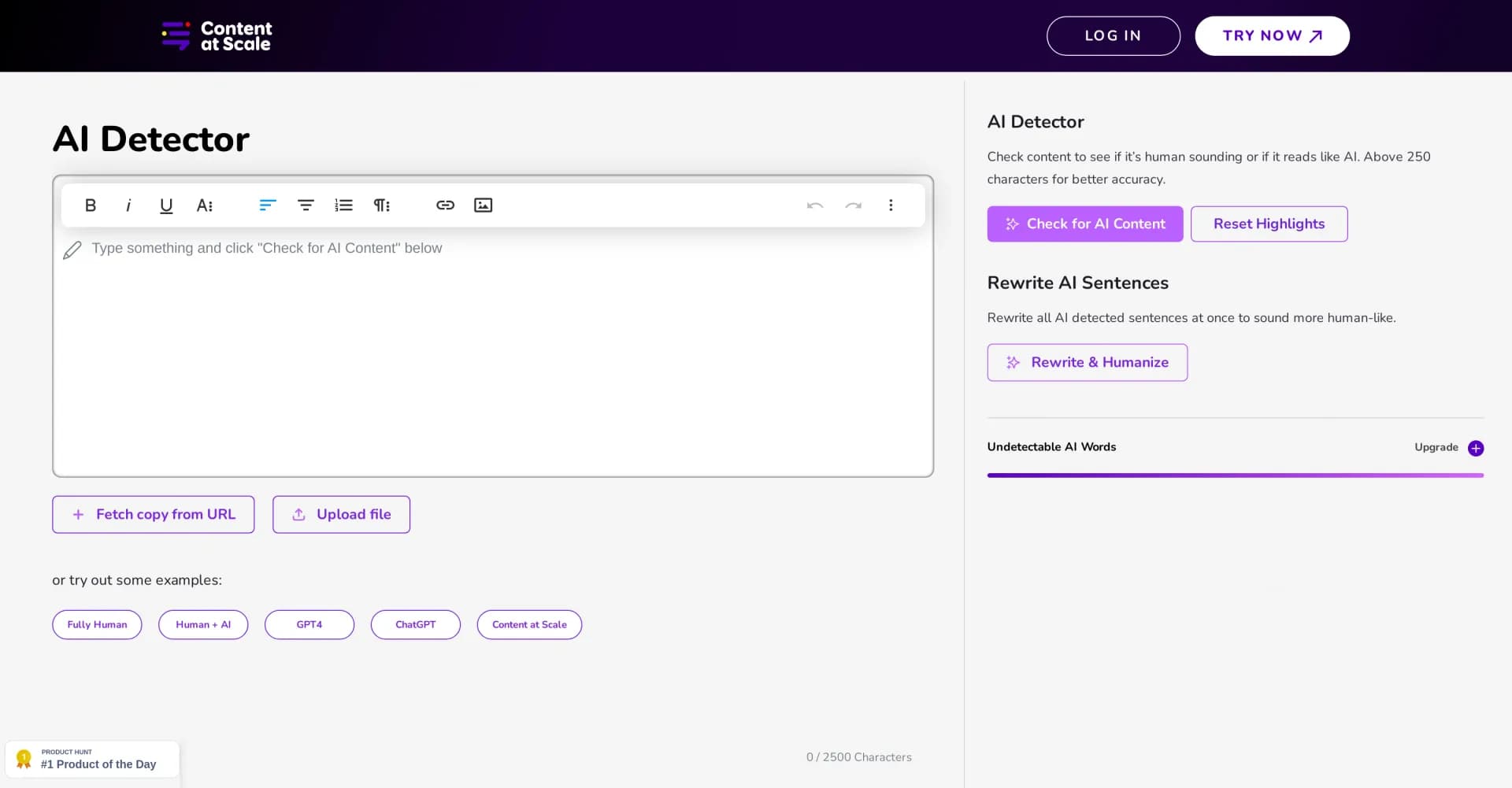 Free AI Detector by ContentAtScale homepage screenshot — Detect AI-generated content with free online tool