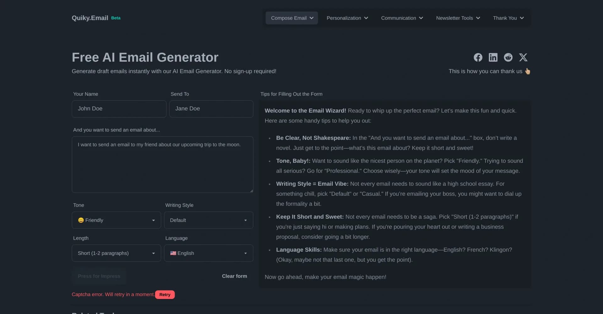 Free AI Email Generator homepage screenshot — Craft engaging emails instantly with AI