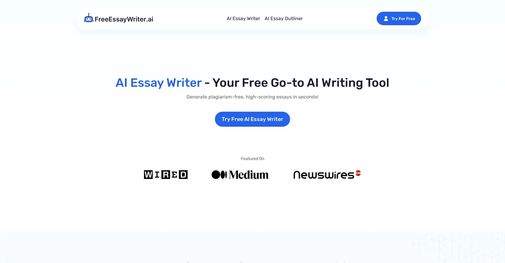 Free AI Essay Writer homepage screenshot — Generate plagiarism-free essays in seconds.