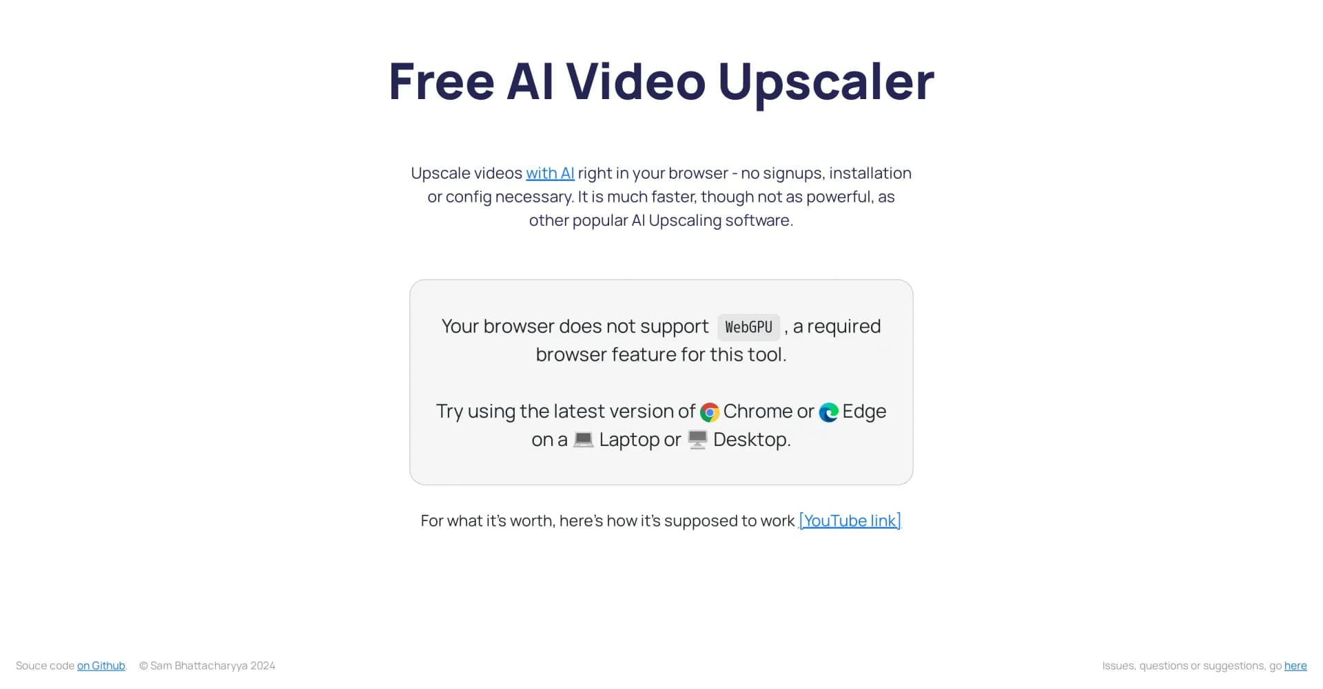 Free AI Video Upscaler homepage screenshot — Upscale videos with AI in your browser