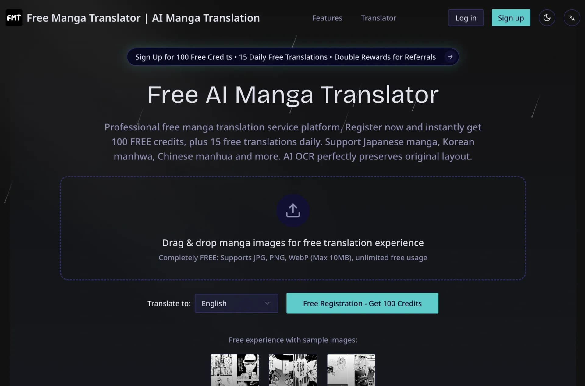 Free Manga Translator homepage screenshot — Professional free manga translation service platform.