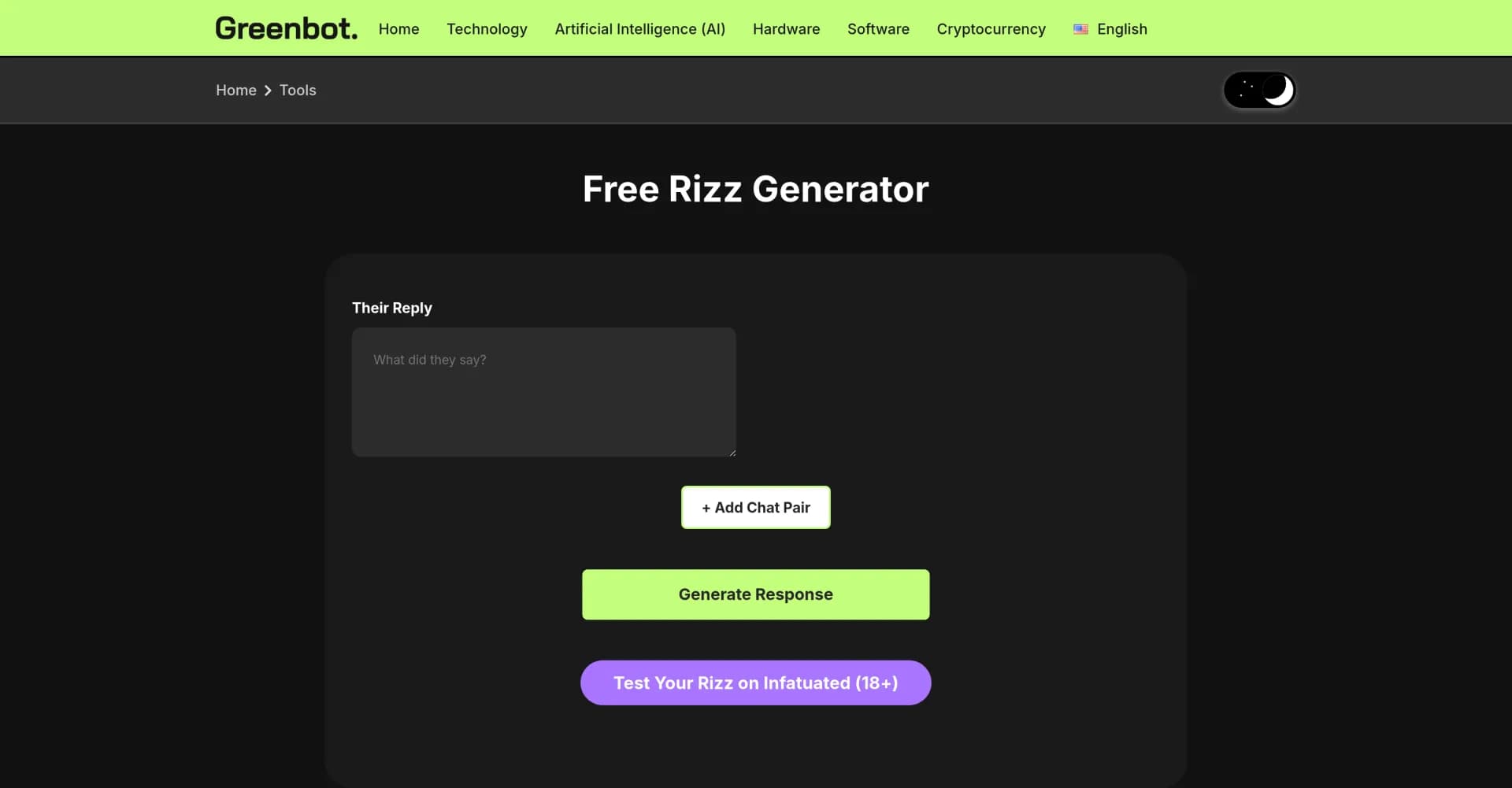 Free Rizz AI Generator homepage screenshot — Create flirty replies in seconds with AI