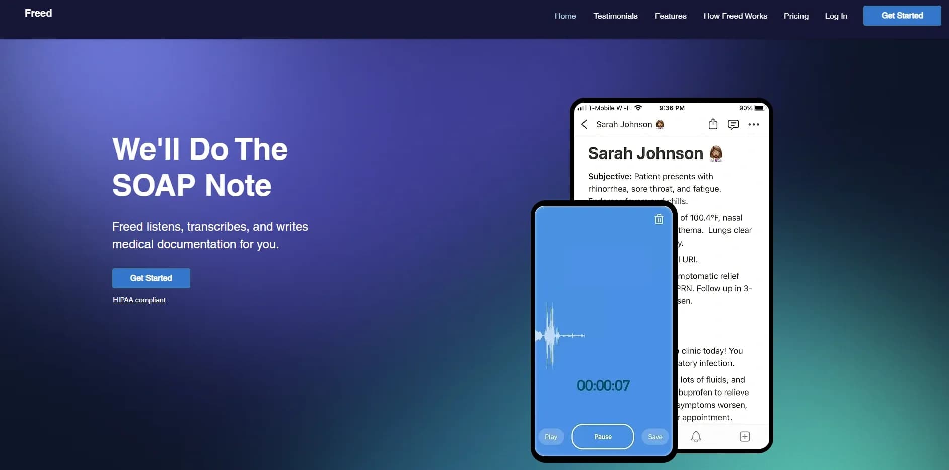 Freed AI homepage screenshot — AI scribe that listens, transcribes, and writes medical docu
