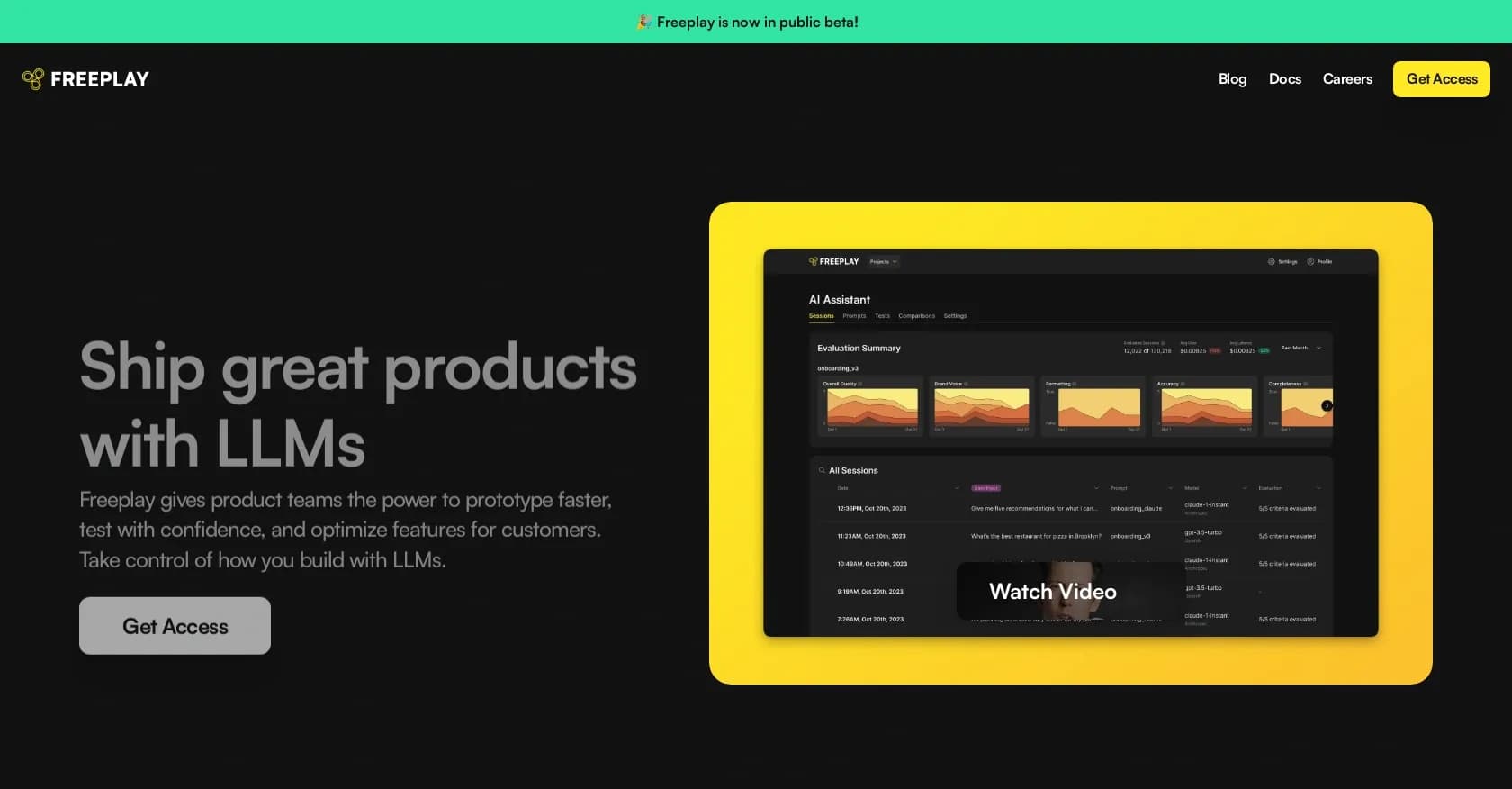 Freeplay homepage screenshot — Language learning model optimization for product teams.