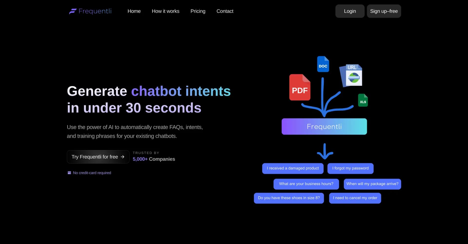 Frequentli homepage screenshot — Generate chatbot intents instantly with AI.