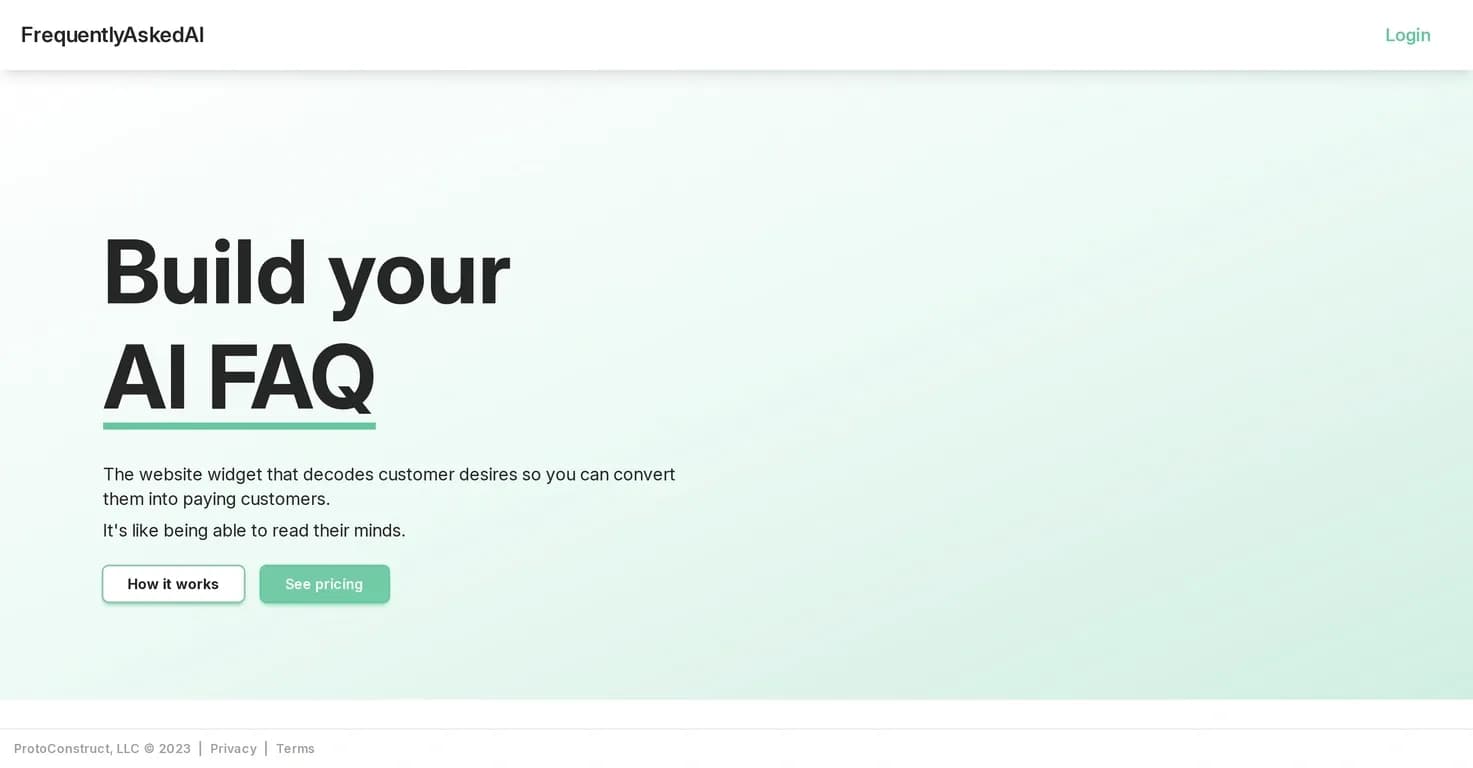 FrequentlyAskedAI homepage screenshot — Decode customer desires with AI-powered FAQs