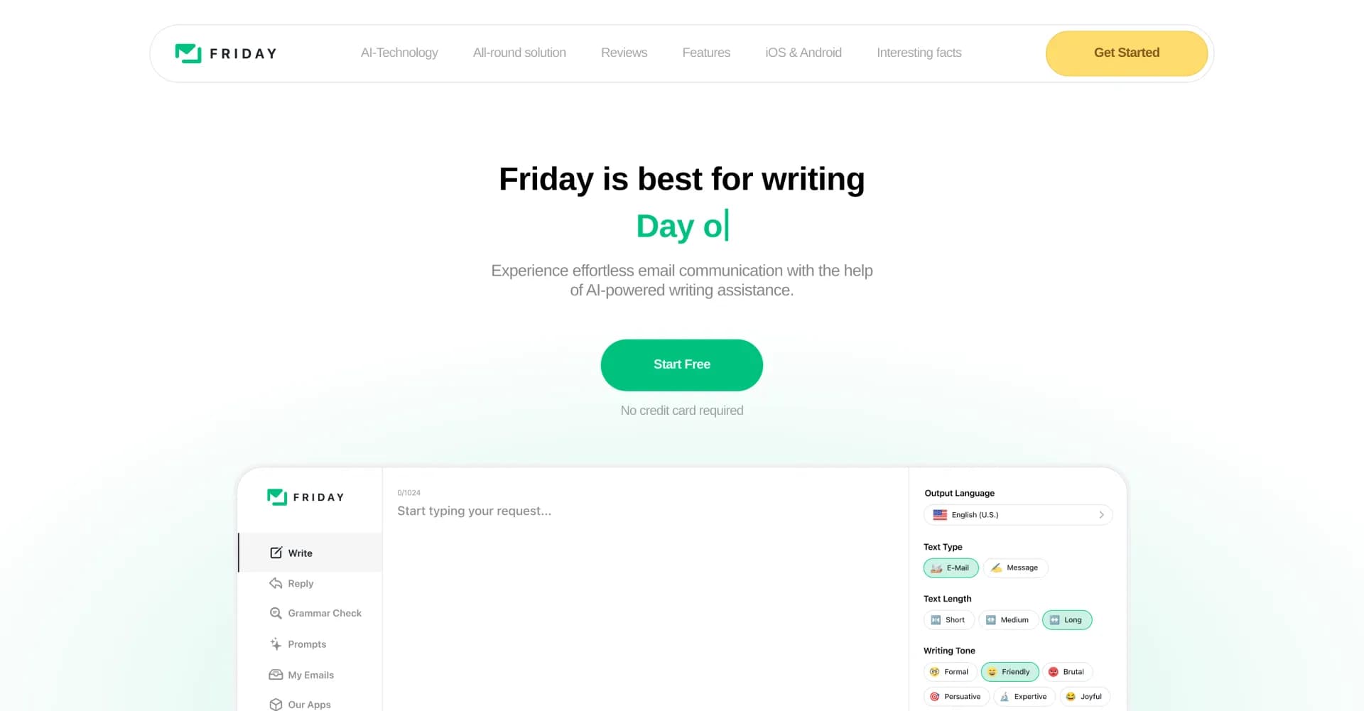 Friday Email homepage screenshot — AI-powered email assistant for effortless communication.