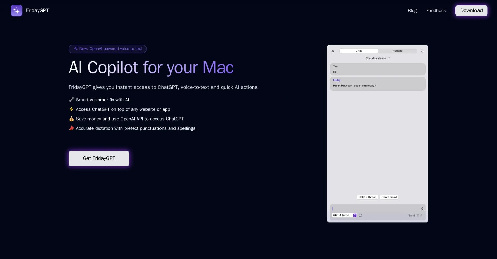 FridayGPT homepage screenshot — Your AI copilot for Mac, offering instant access to ChatGPT,