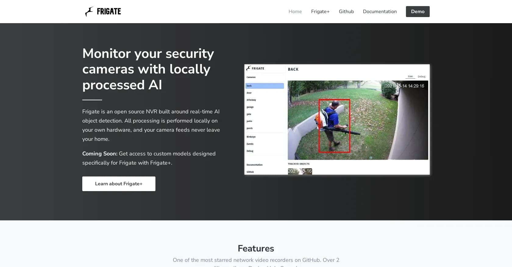 Frigate NVR homepage screenshot — Monitor cameras with local AI detection