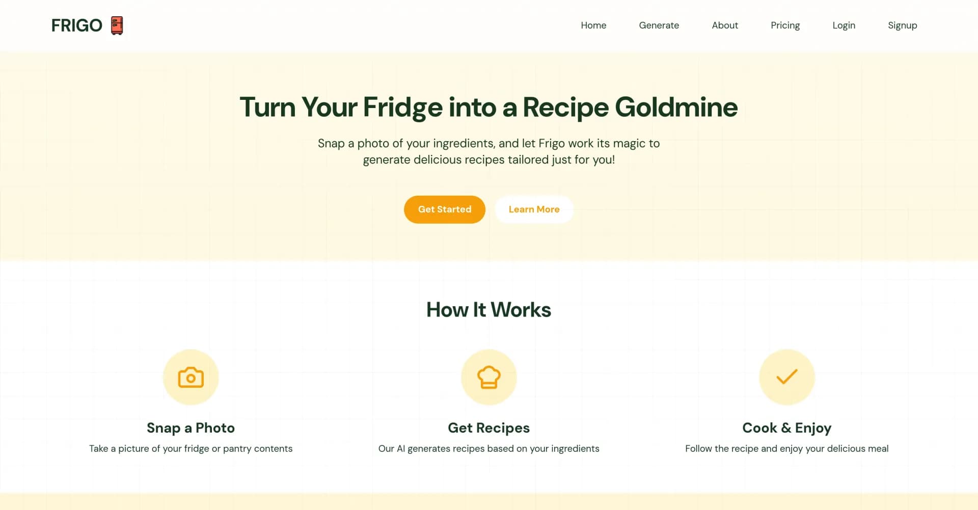 Frigo homepage screenshot — Turn your fridge into a recipe goldmine.