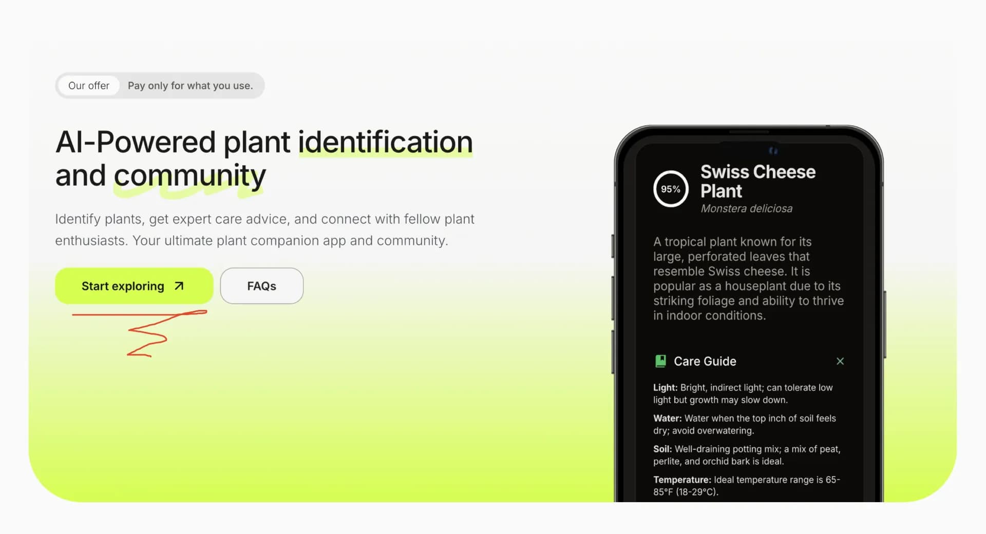 Frondly homepage screenshot — Identify any plant instantly with AI