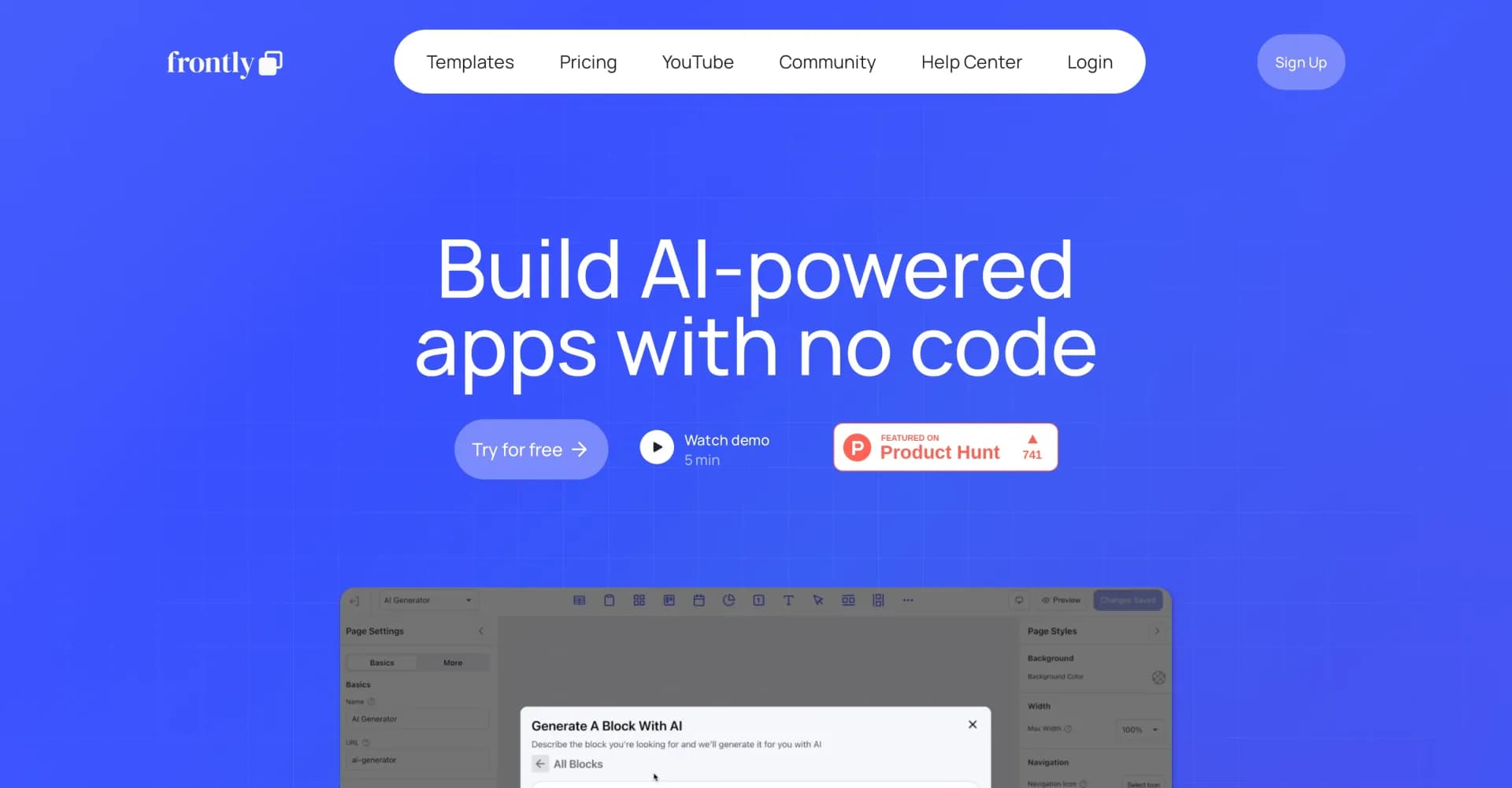 Frontly homepage screenshot — Build AI-powered apps without coding