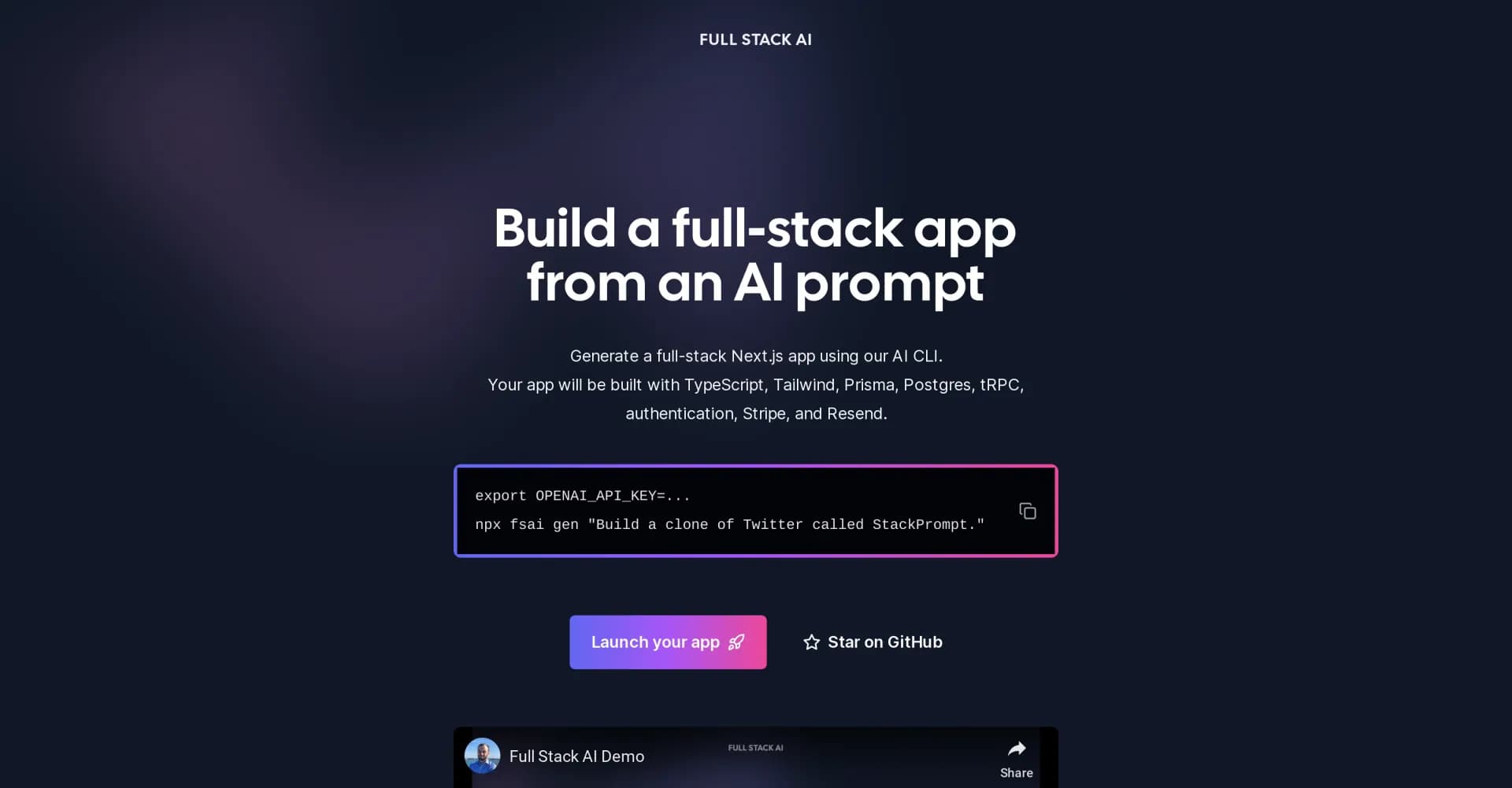 Full Stack AI homepage screenshot — AI-powered Next.js app generator