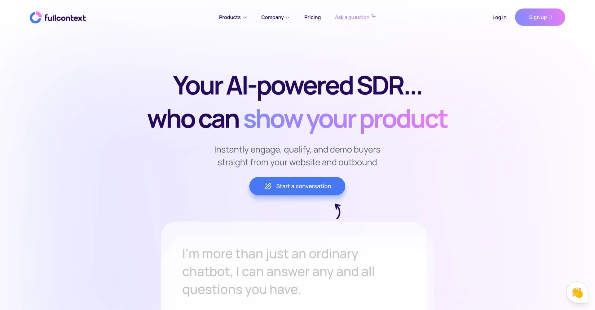 FullContext homepage screenshot — AI-powered SDR for instant demos and qualification