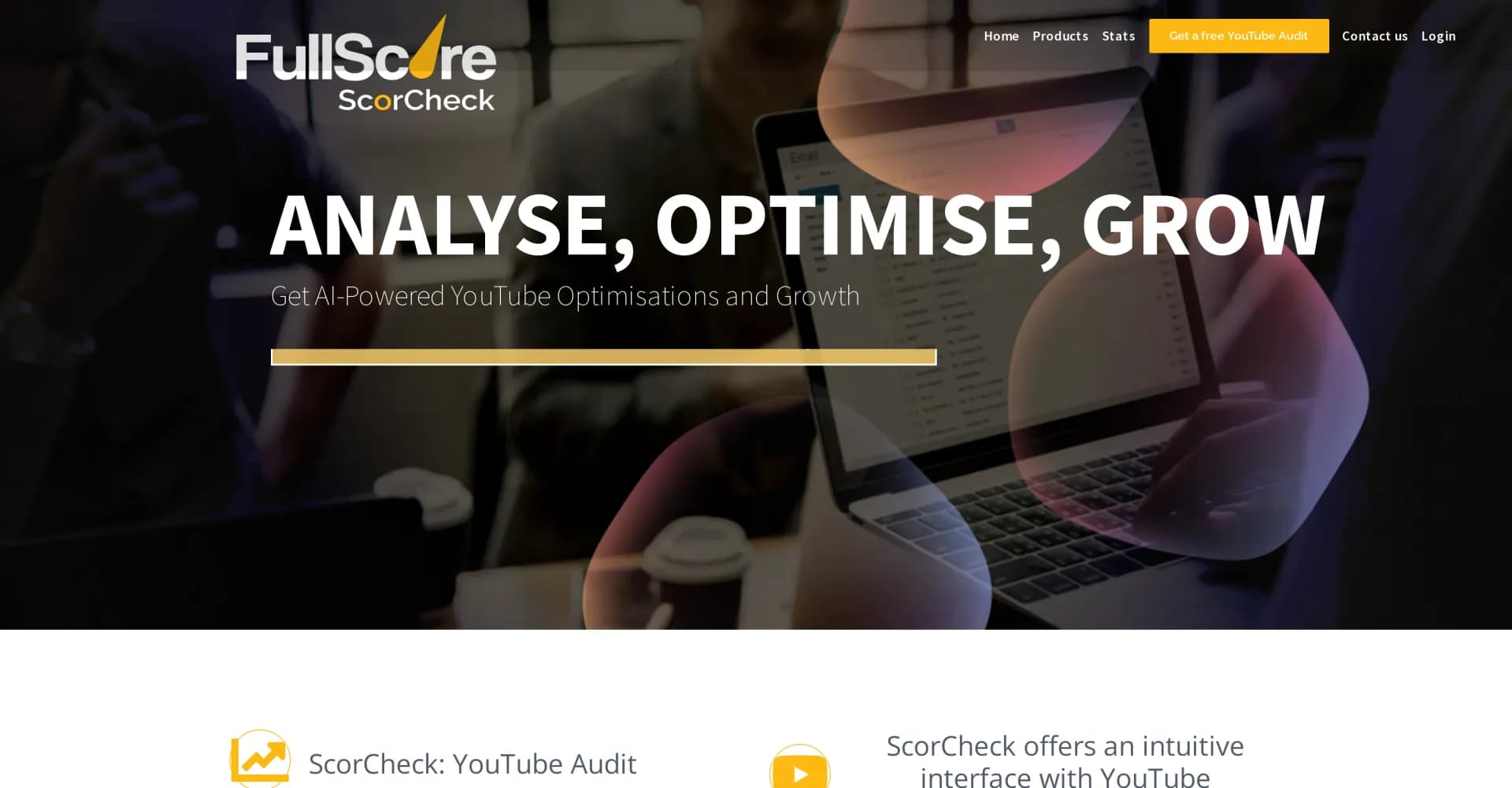 Fullscore homepage screenshot — AI-powered YouTube analytics for audience growth