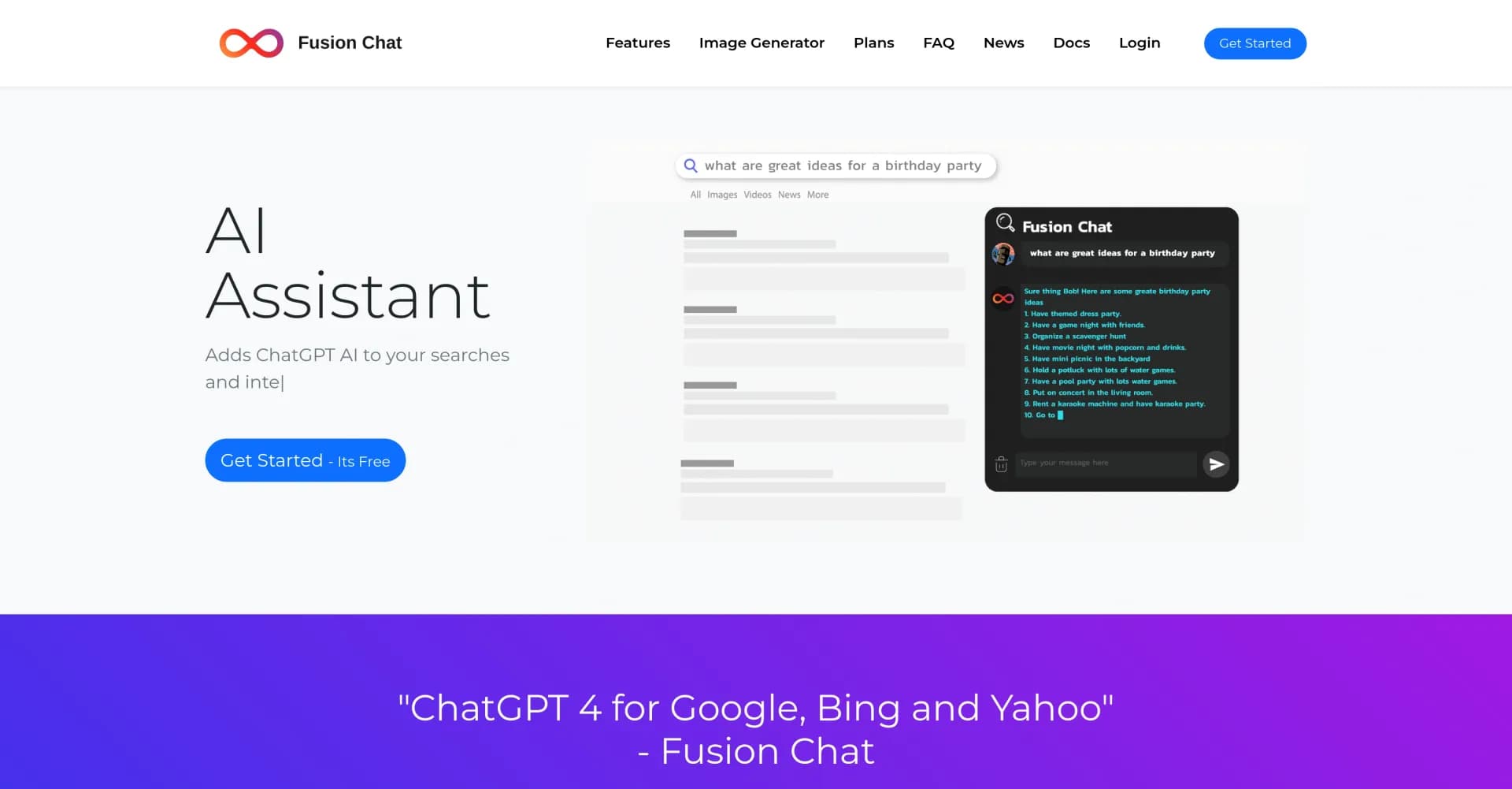 Fusion Chat homepage screenshot — Add ChatGPT AI to your search engine and browser.