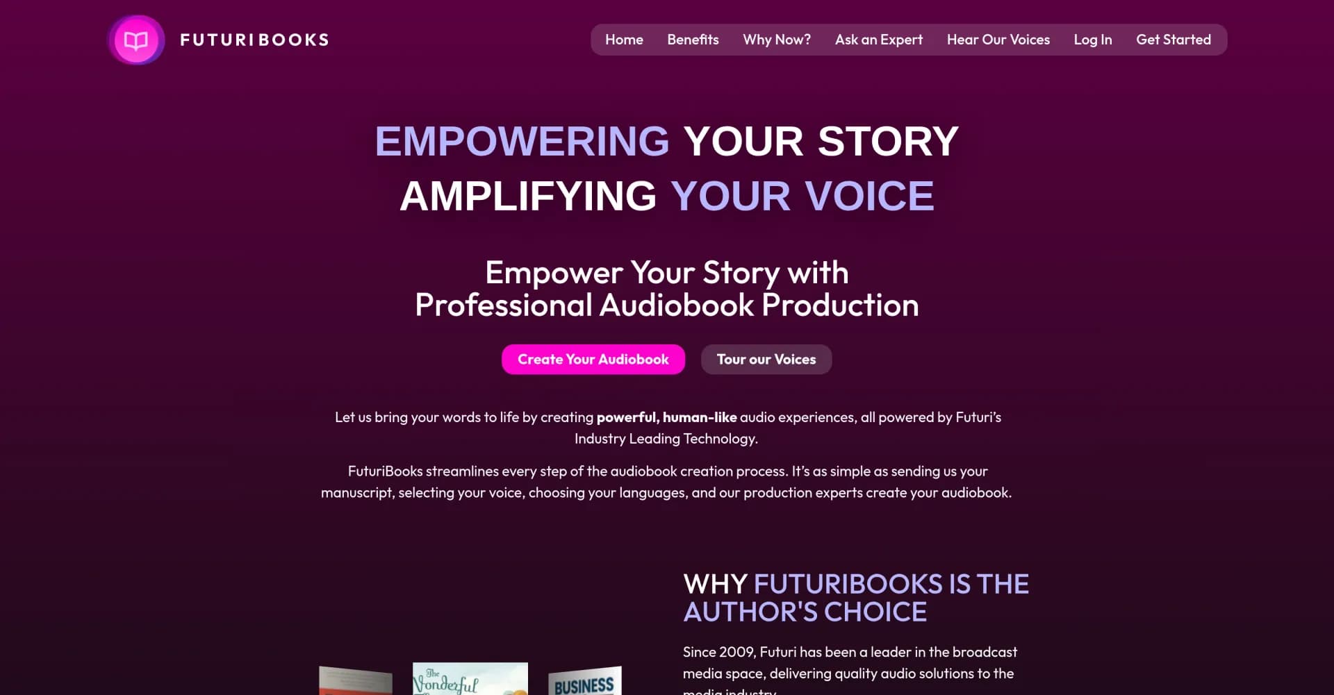 FuturiBooks homepage screenshot — Turn your manuscript into a professional audiobook.